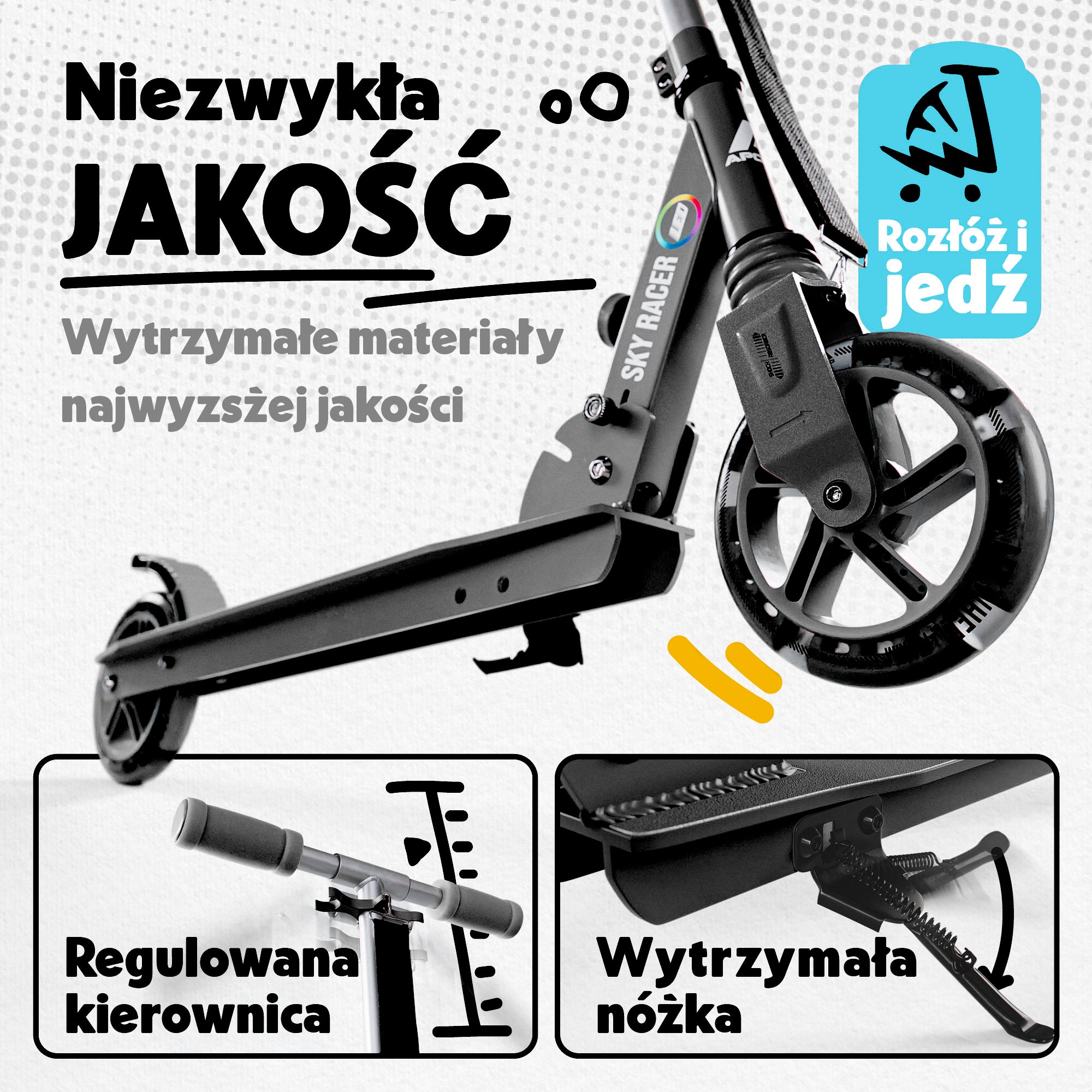 Apollo - Hulajnoga miejska z amortyzacją „Skyracer” składana, z regulowaną wysokością kierownicy koła 145mm - Czarny