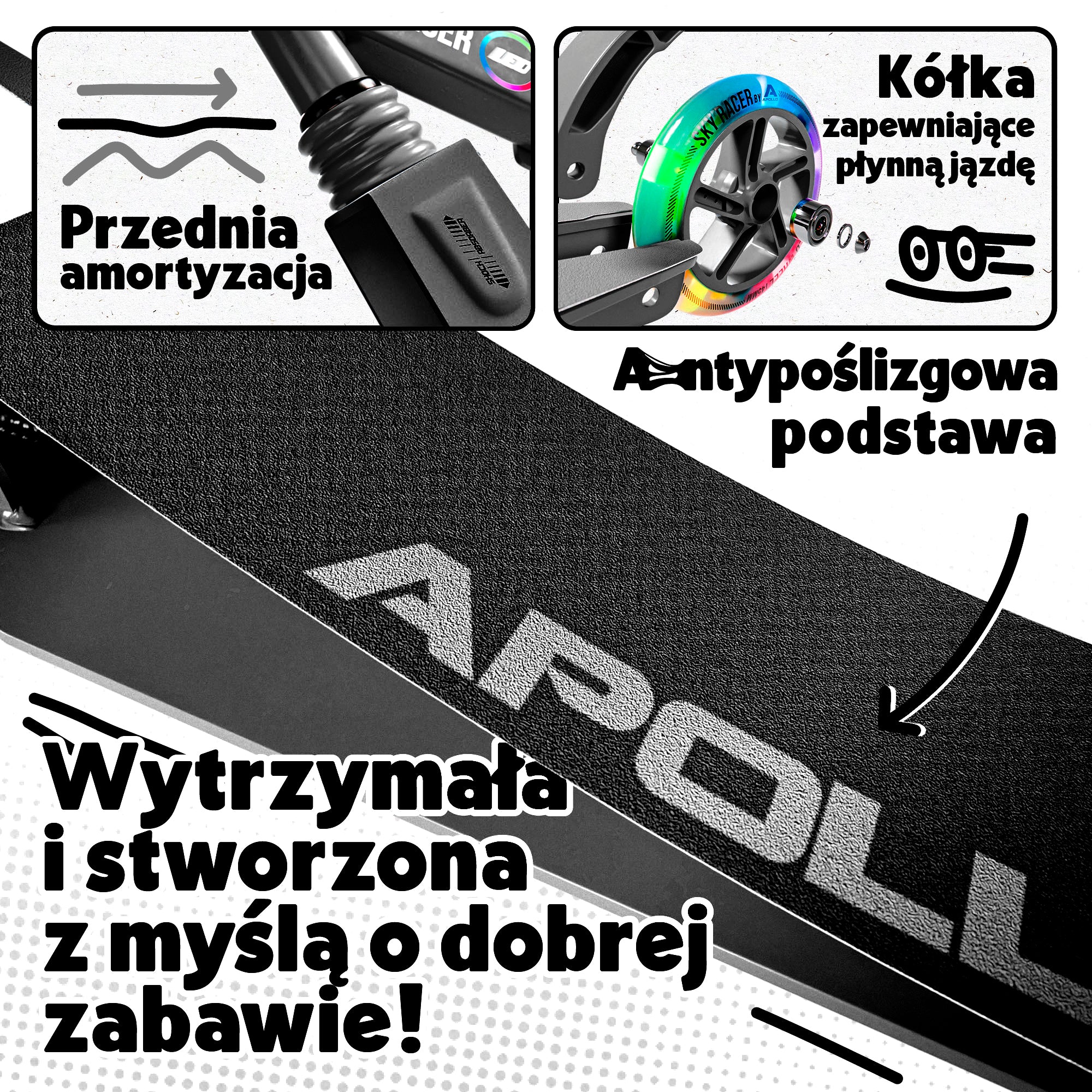 Apollo - Hulajnoga miejska z amortyzacją „Skyracer” składana, z regulowaną wysokością kierownicy koła 145mm - Czarny