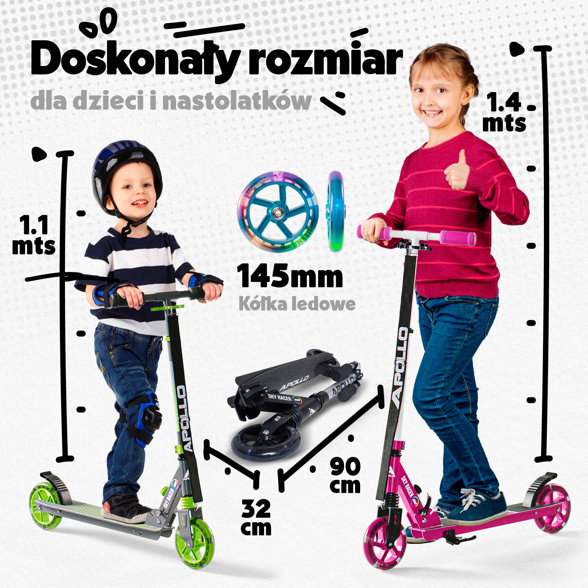 Apollo - Hulajnoga miejska z amortyzacją „Skyracer” składana, z regulowaną wysokością kierownicy koła 145mm - Czarny