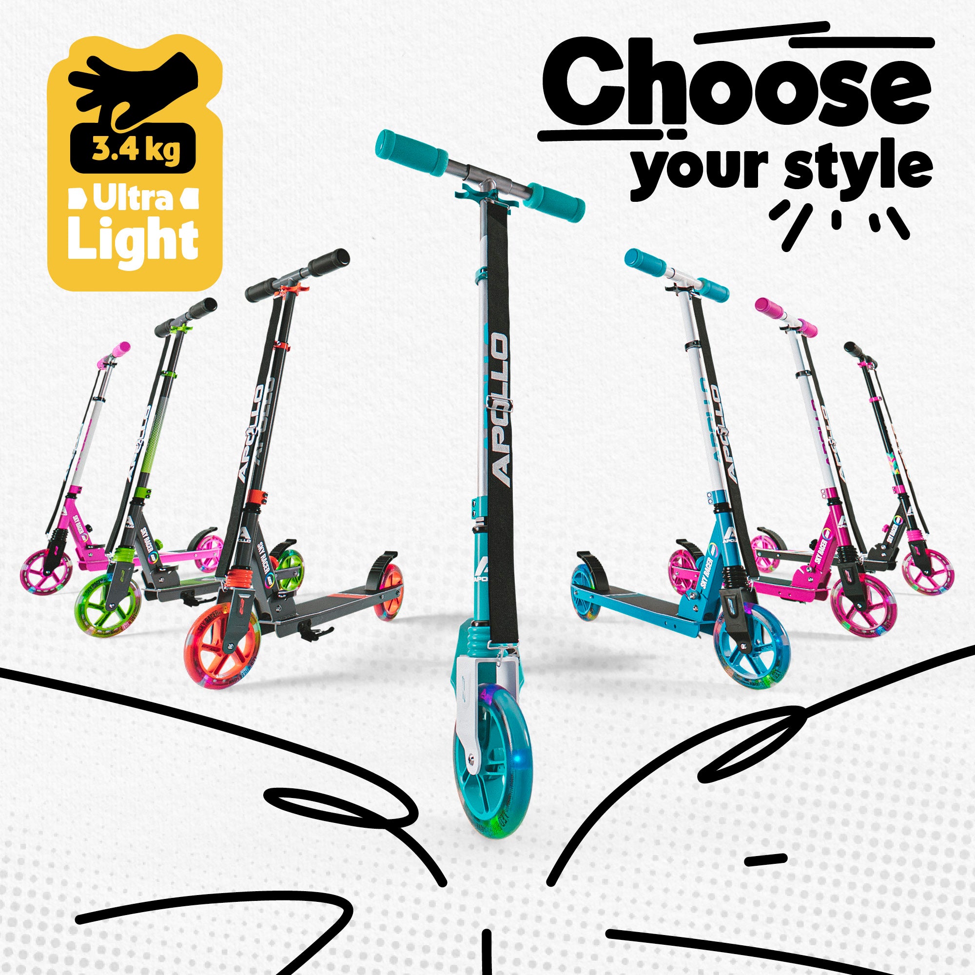 Apollo - Hulajnoga miejska z amortyzacją „Skyracer” składana, z regulowaną wysokością kierownicy koła 145mm - Czarny