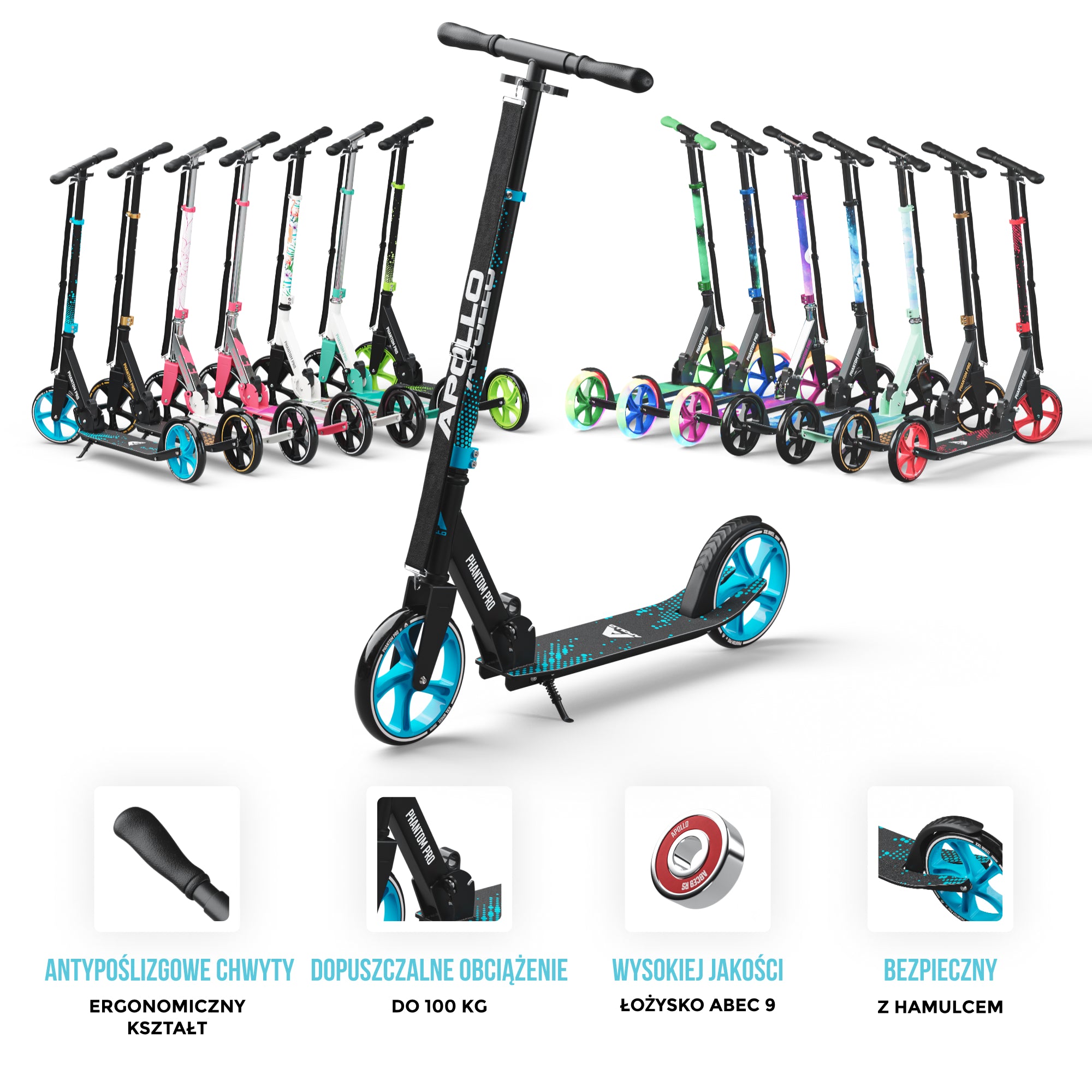 Apollo - Składana hulajnoga miejska dla dzieci „Phantom” z regulowaną wysokością kierownicy - Niebieski