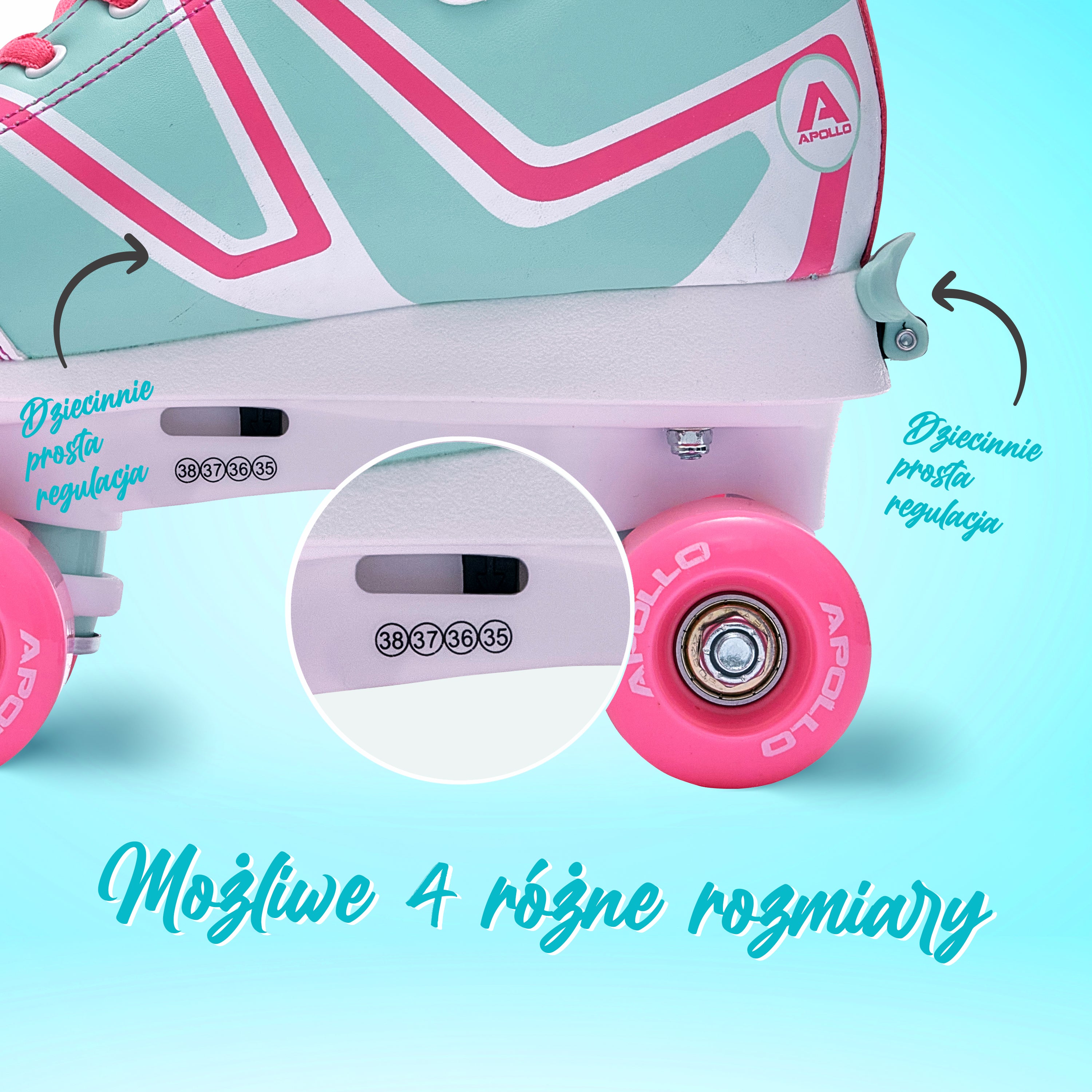 Apollo - Wrotki z miękkimi butami, regulowane rozmiarowo, dla dzieci - "Candy" - L (39-42)