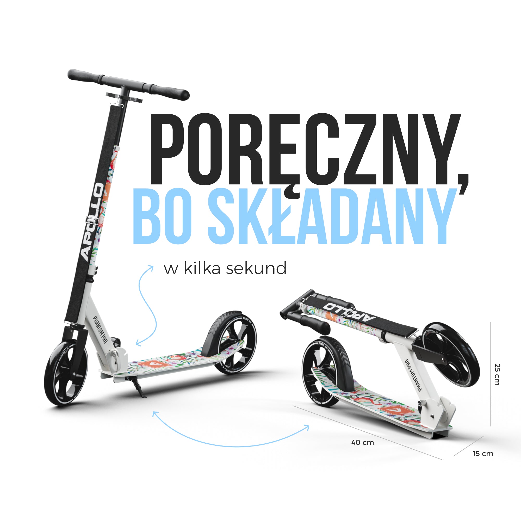 Apollo - Składana hulajnoga miejska dla dzieci „Phantom” z regulowaną wysokością kierownicy - Flamingo