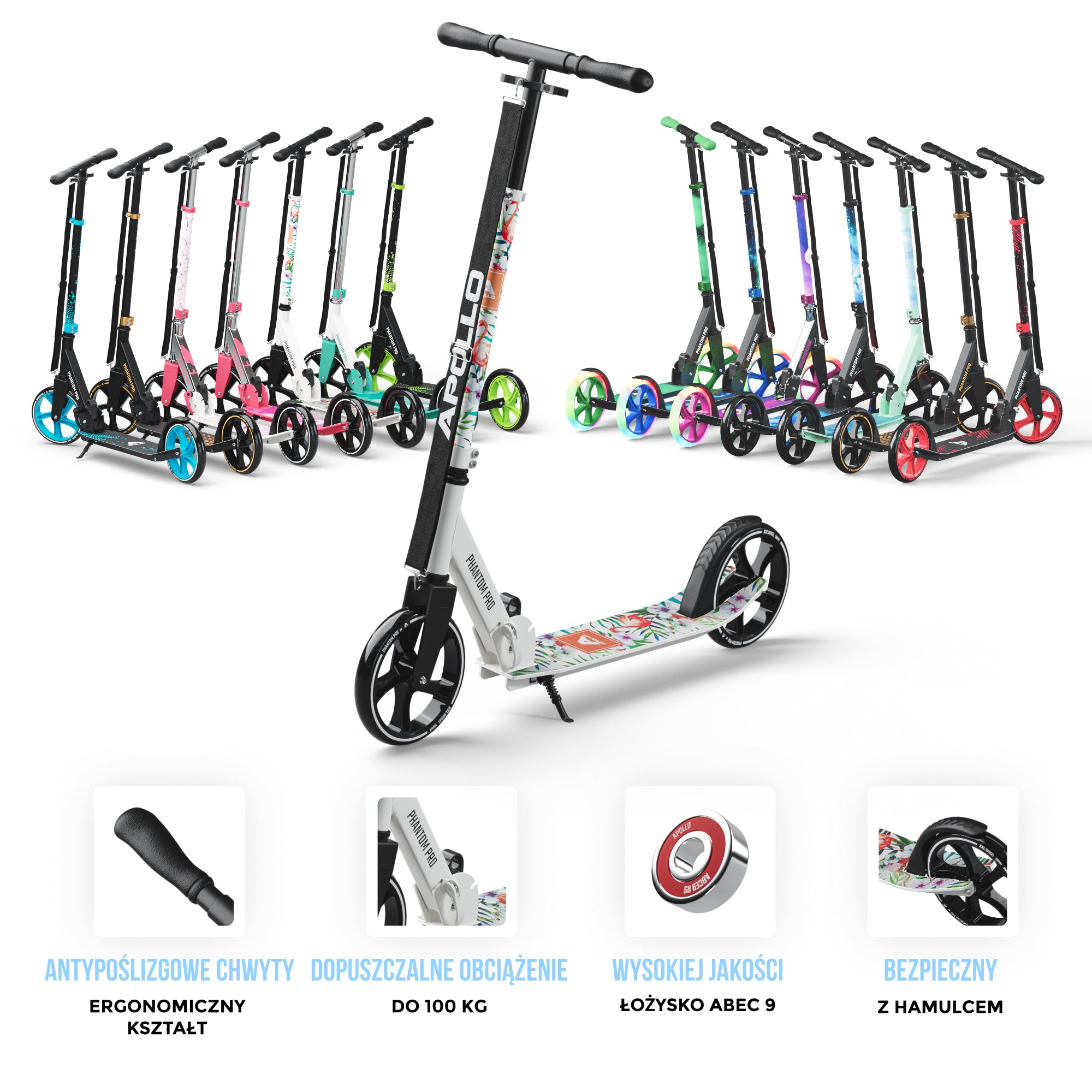 Apollo - Składana hulajnoga miejska dla dzieci „Phantom” z regulowaną wysokością kierownicy - Flamingo