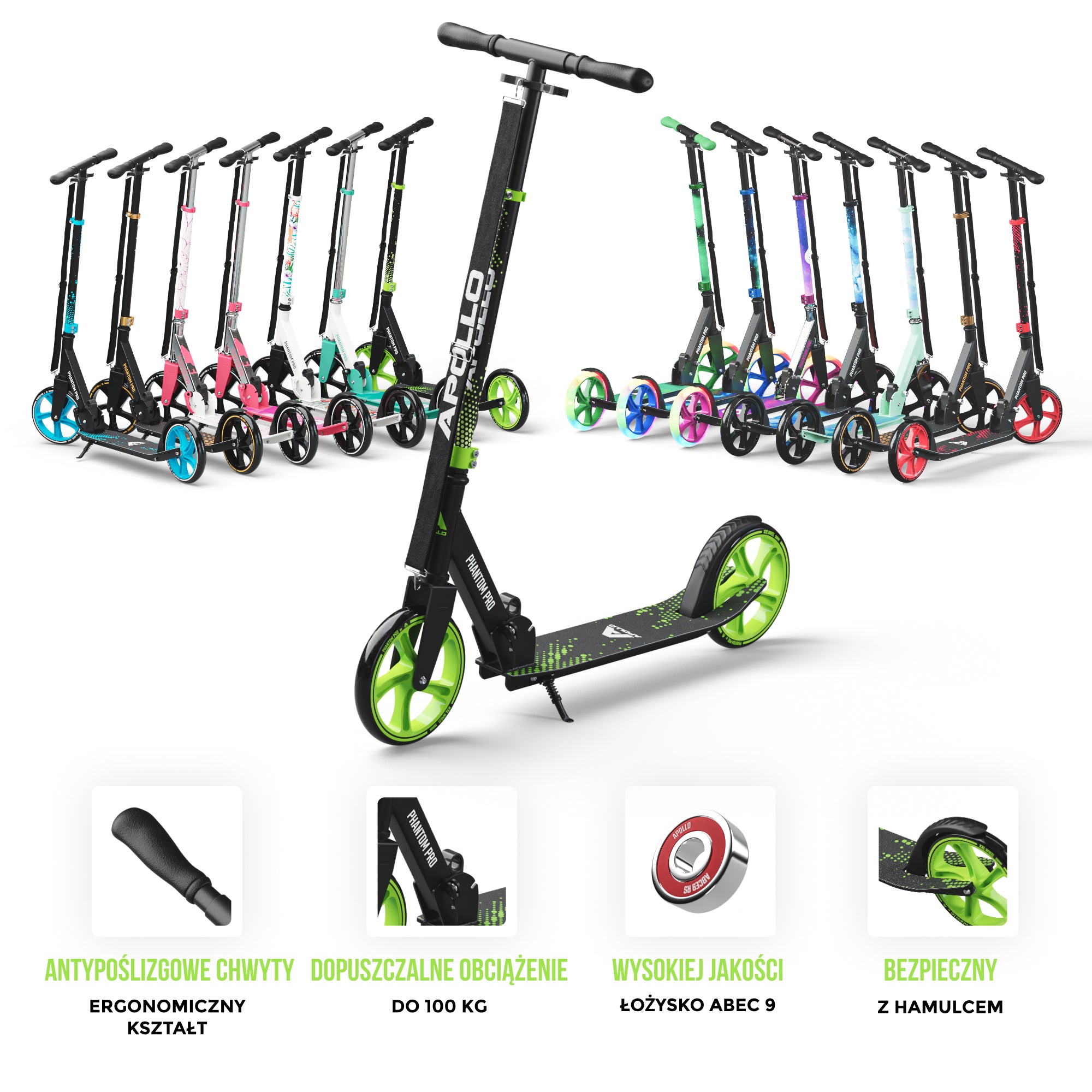 Apollo - Składana hulajnoga miejska dla dzieci „Phantom” z regulowaną wysokością kierownicy - Zielony