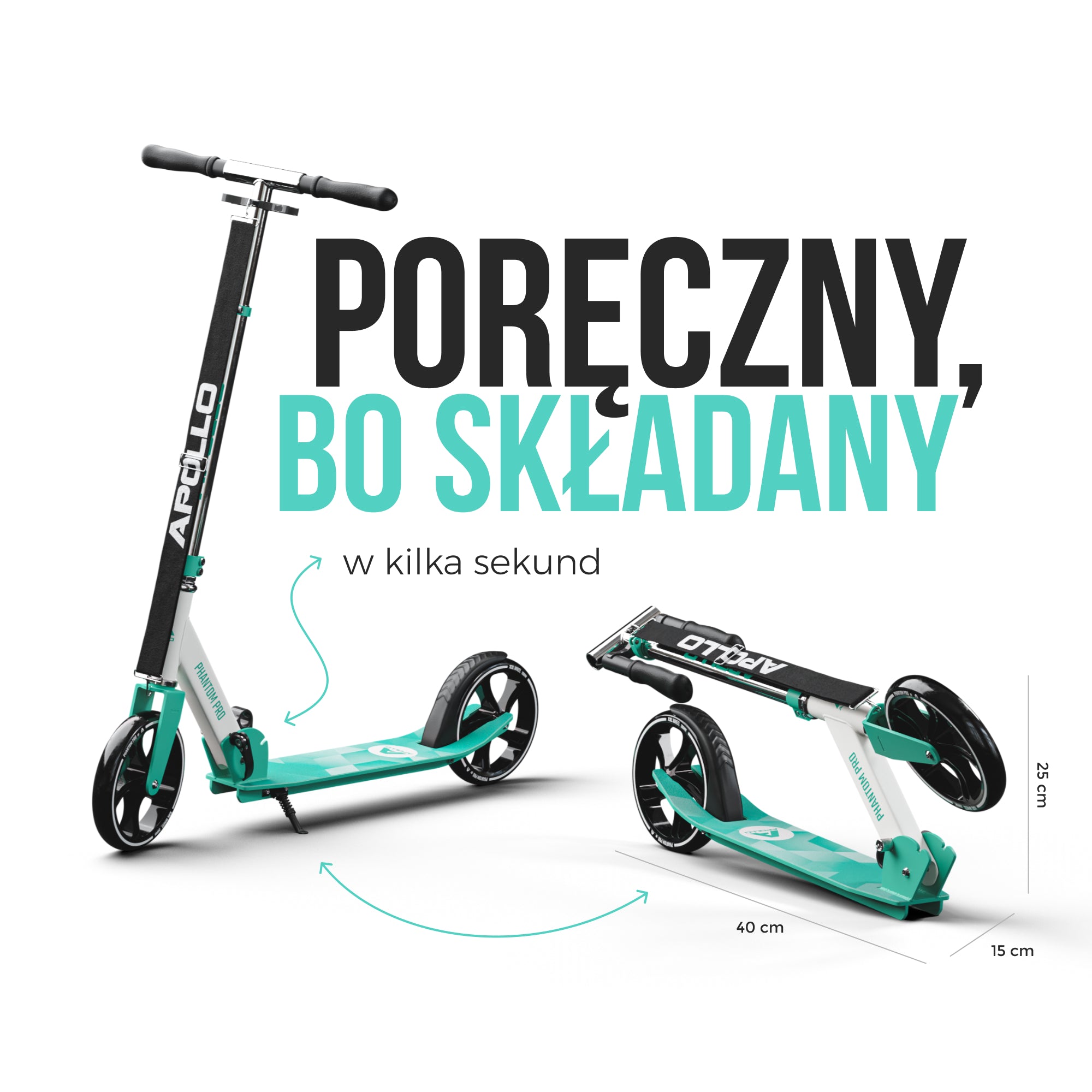 Apollo - Składana hulajnoga miejska dla dzieci „Phantom” z regulowaną wysokością kierownicy - Miętowy