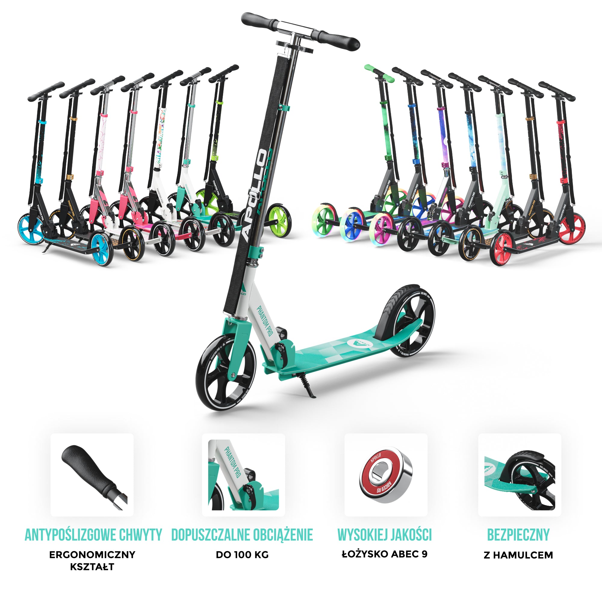 Apollo - Składana hulajnoga miejska dla dzieci „Phantom” z regulowaną wysokością kierownicy - Miętowy