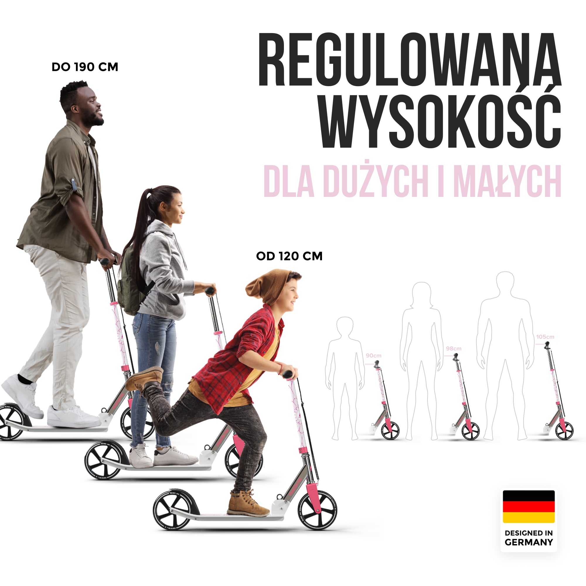 Apollo - Składana hulajnoga miejska dla dzieci „Phantom” z regulowaną wysokością kierownicy - Różowy