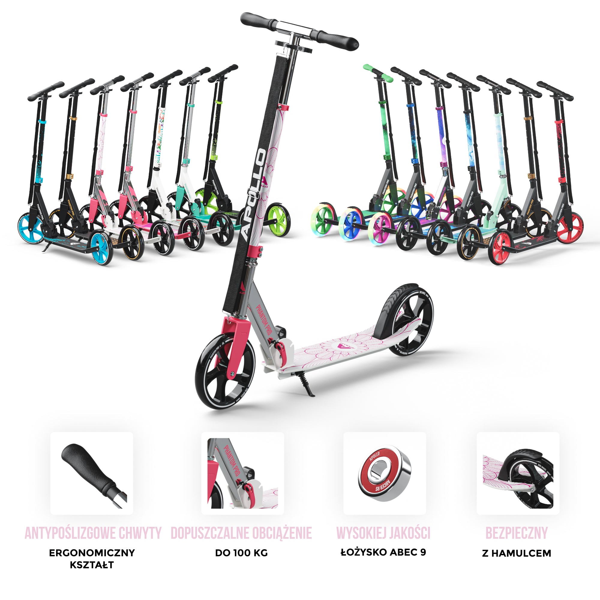 Apollo - Składana hulajnoga miejska dla dzieci „Phantom” z regulowaną wysokością kierownicy - Różowy