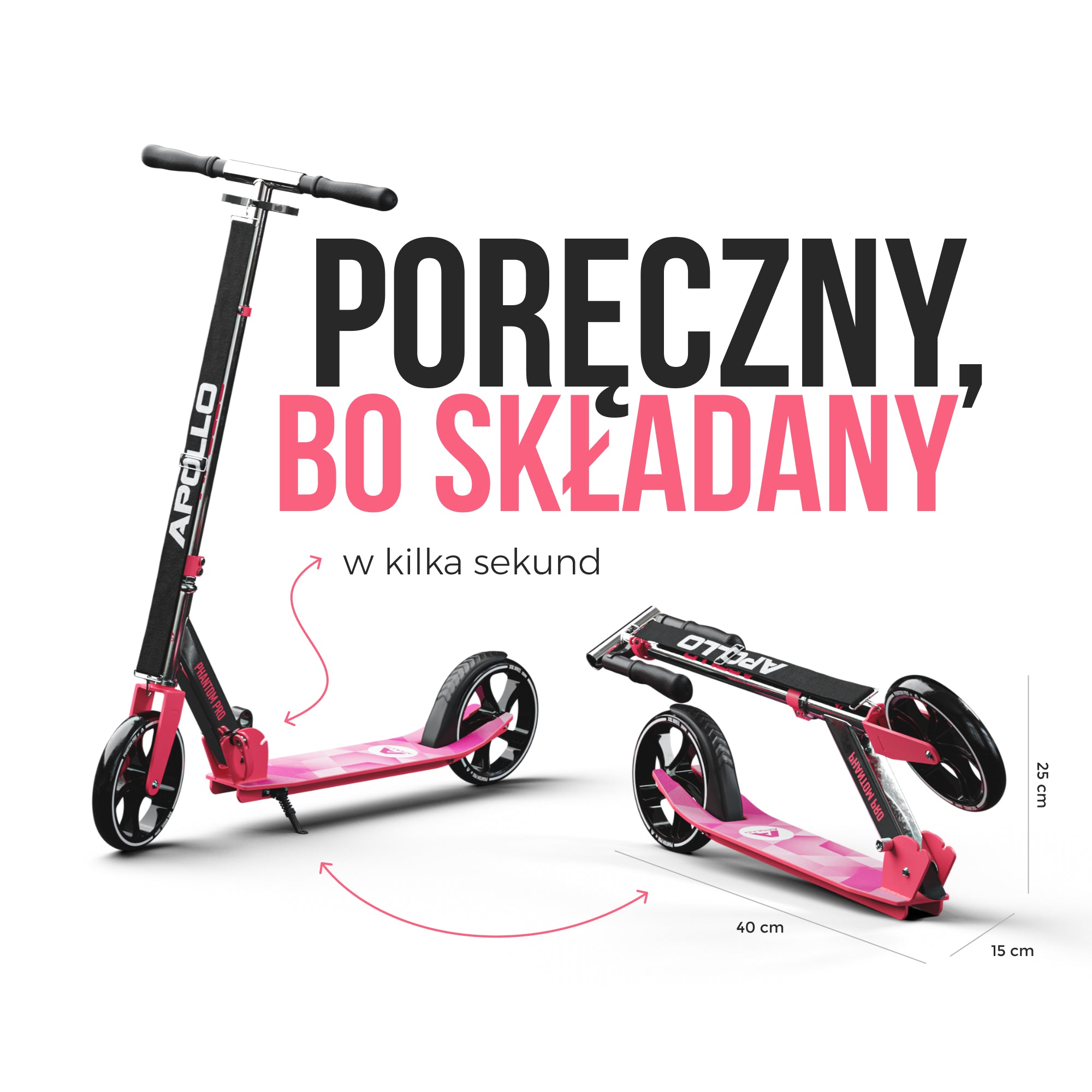 Apollo - Składana hulajnoga miejska dla dzieci „Phantom” z regulowaną wysokością kierownicy - Różowy Srebrny