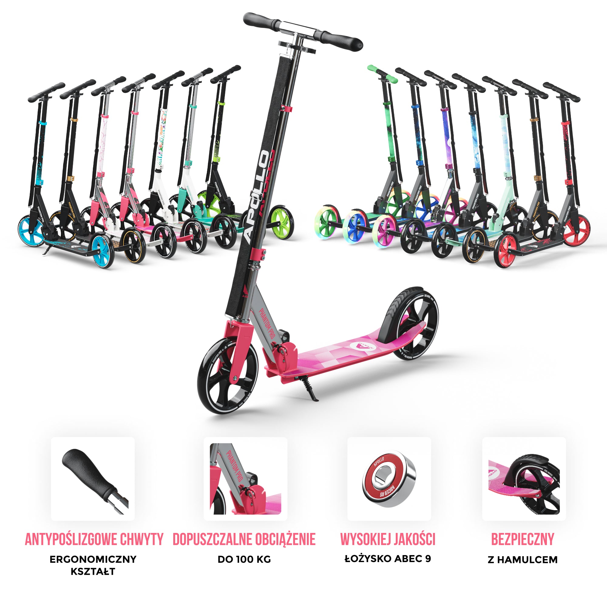 Apollo - Składana hulajnoga miejska dla dzieci „Phantom” z regulowaną wysokością kierownicy - Różowy Srebrny