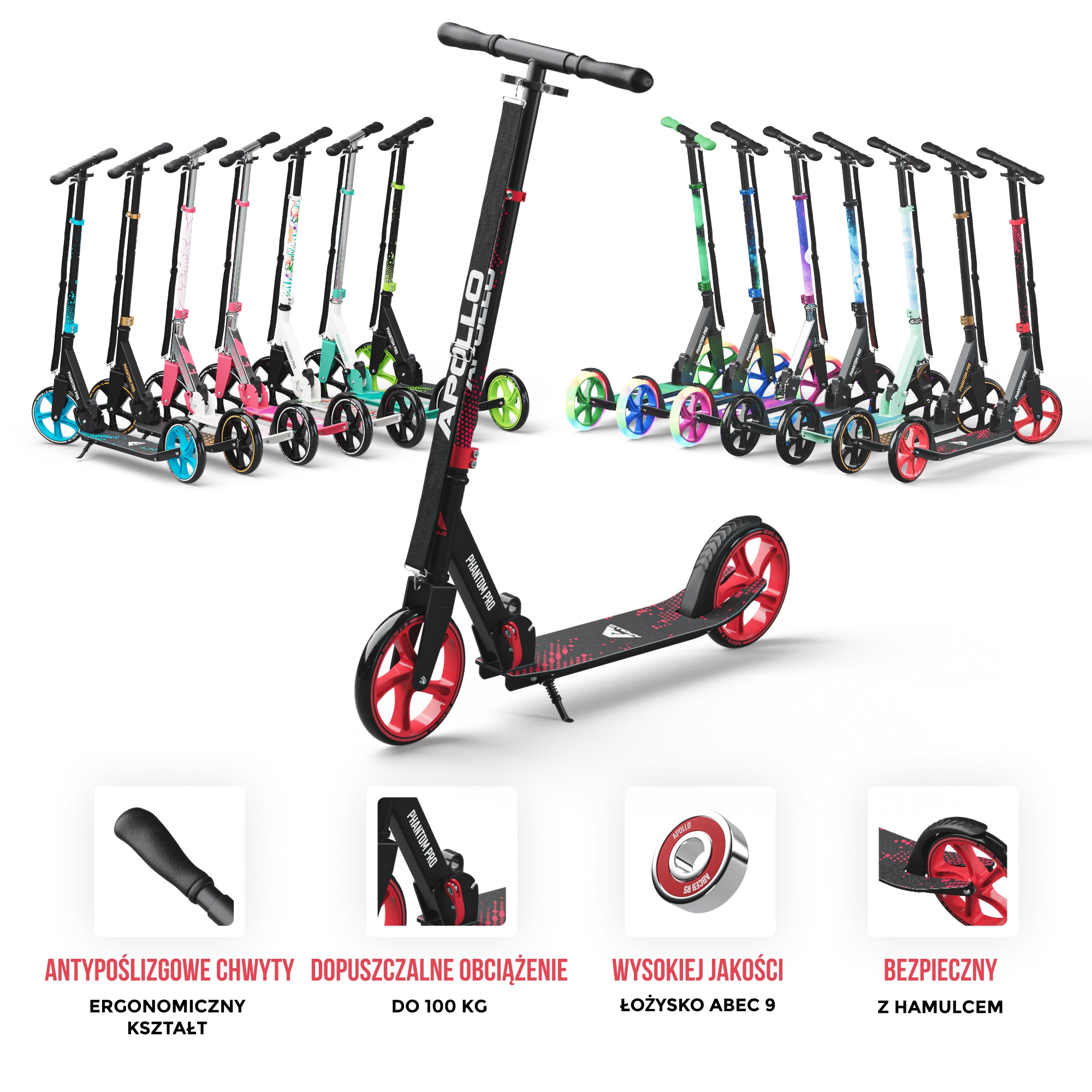 Apollo - Składana hulajnoga miejska dla dzieci „Phantom” z regulowaną wysokością kierownicy - Czerwony
