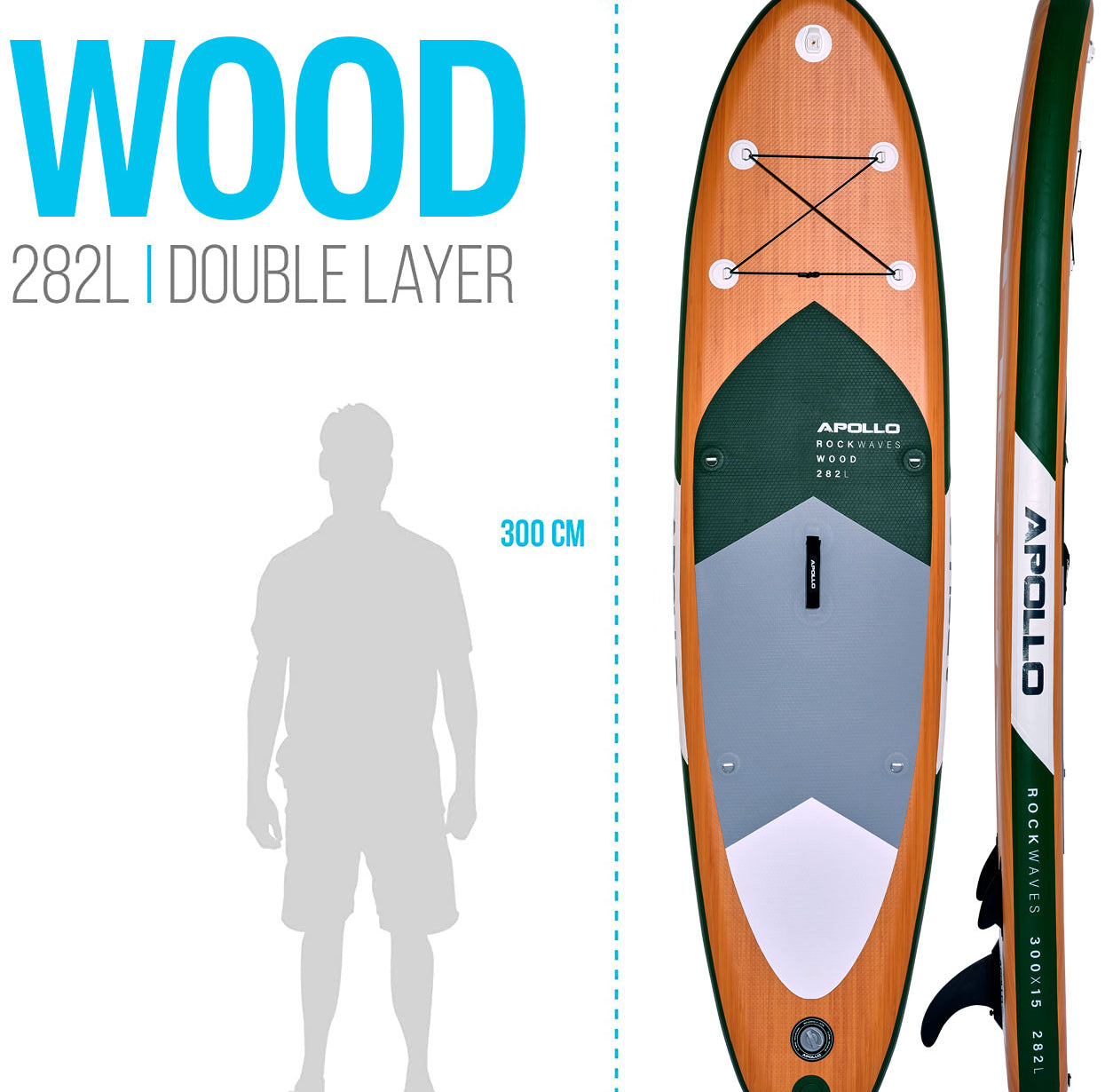 Apollo Funsport PL - Zestaw kompletny deska SUP - Nadmuchiwany Stand Up Paddle Board - Drewniany - Wood Green