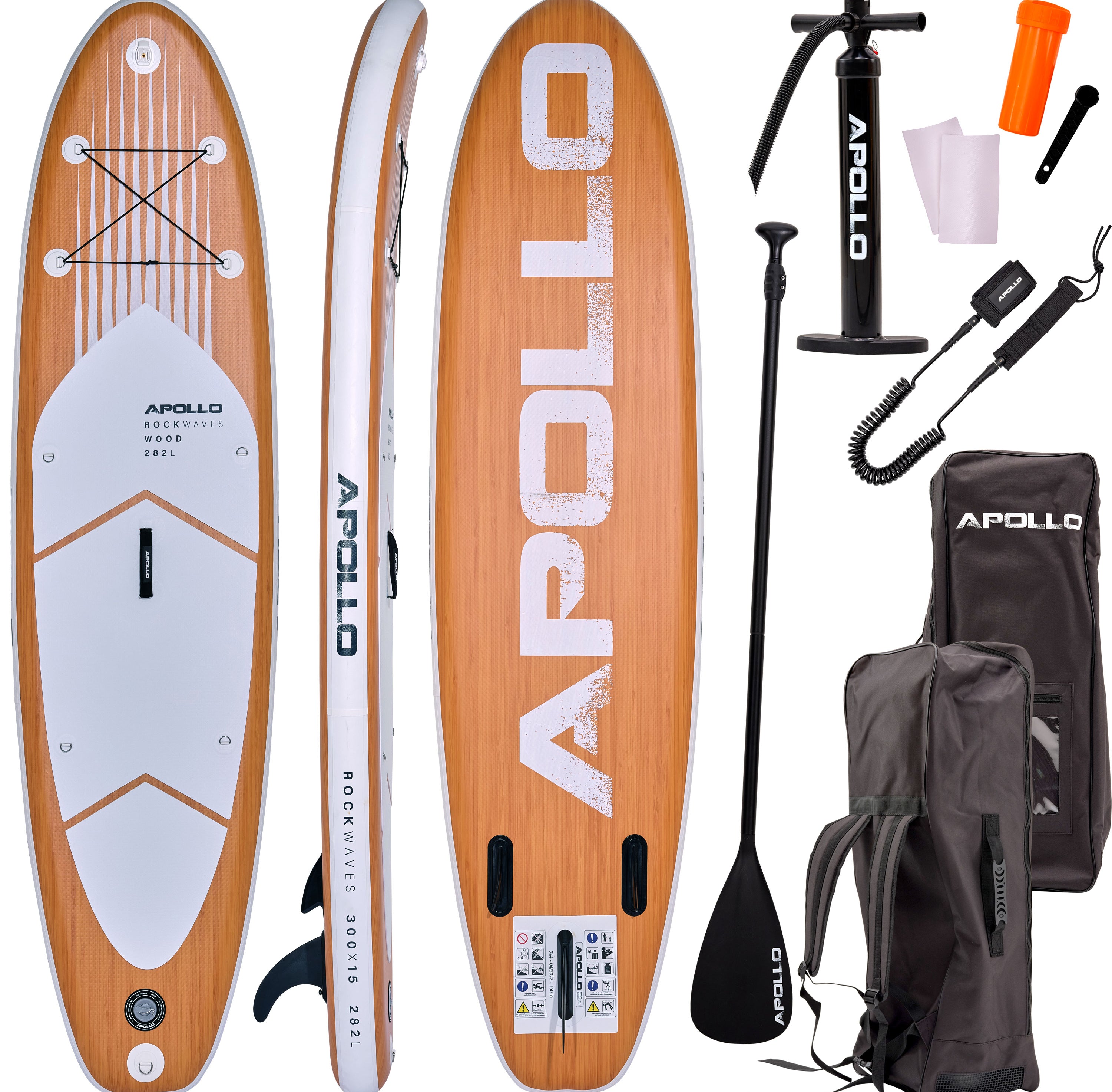 Apollo Funsport PL - Zestaw kompletny deska SUP - Nadmuchiwany Stand Up Paddle Board - Drewniany - Wood White