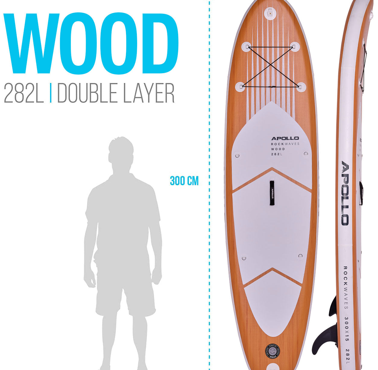 Apollo Funsport PL - Zestaw kompletny deska SUP - Nadmuchiwany Stand Up Paddle Board - Drewniany - Wood White