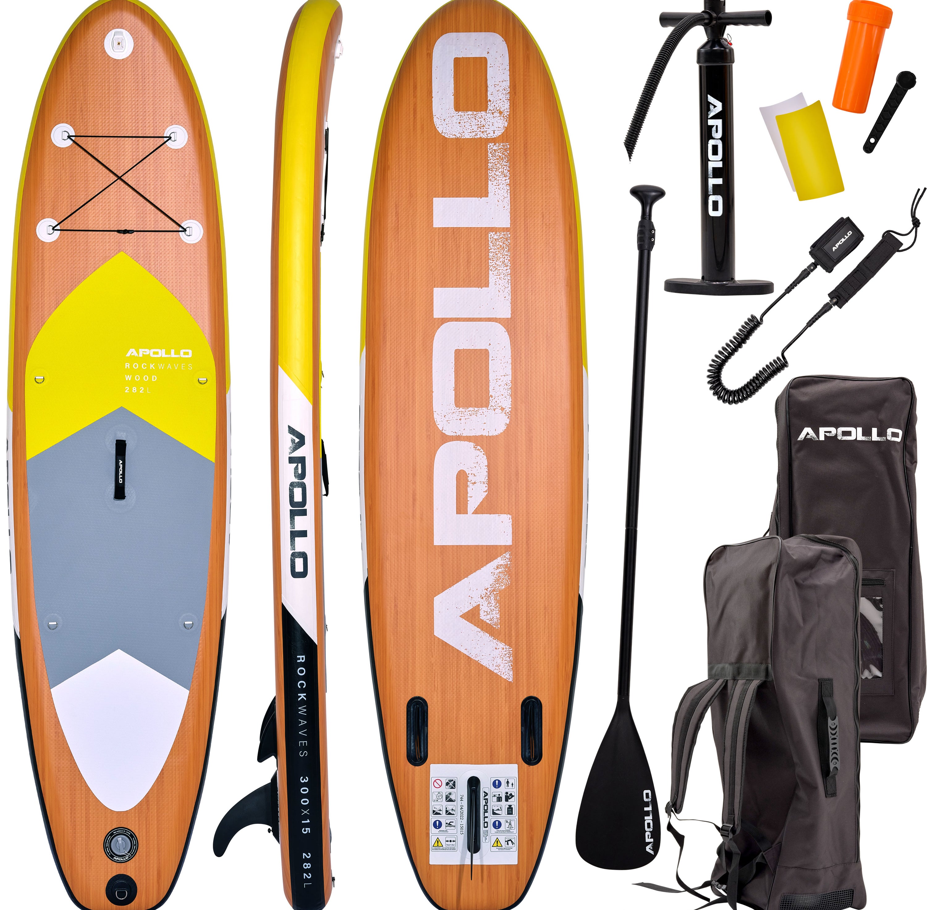 Apollo Funsport PL - Zestaw kompletny deska SUP - Nadmuchiwany Stand Up Paddle Board - Drewniany - Wood Yellow