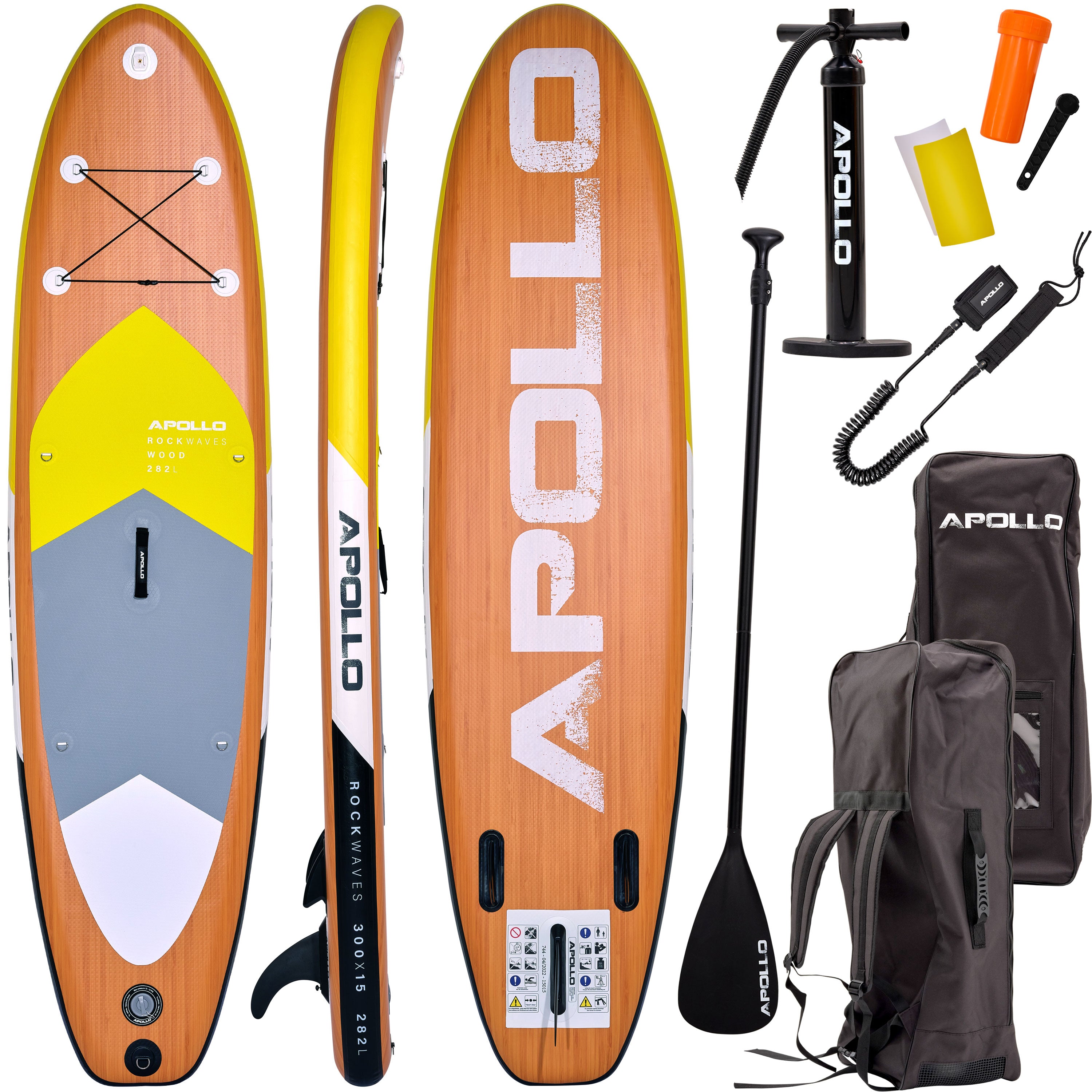 Apollo Funsport PL - Zestaw kompletny deska SUP - Nadmuchiwany Stand Up Paddle Board - Drewniany - Wood Yellow