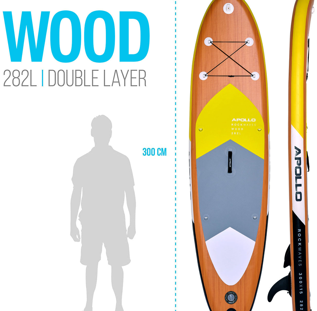 Apollo Funsport PL - Zestaw kompletny deska SUP - Nadmuchiwany Stand Up Paddle Board - Drewniany - Wood Yellow