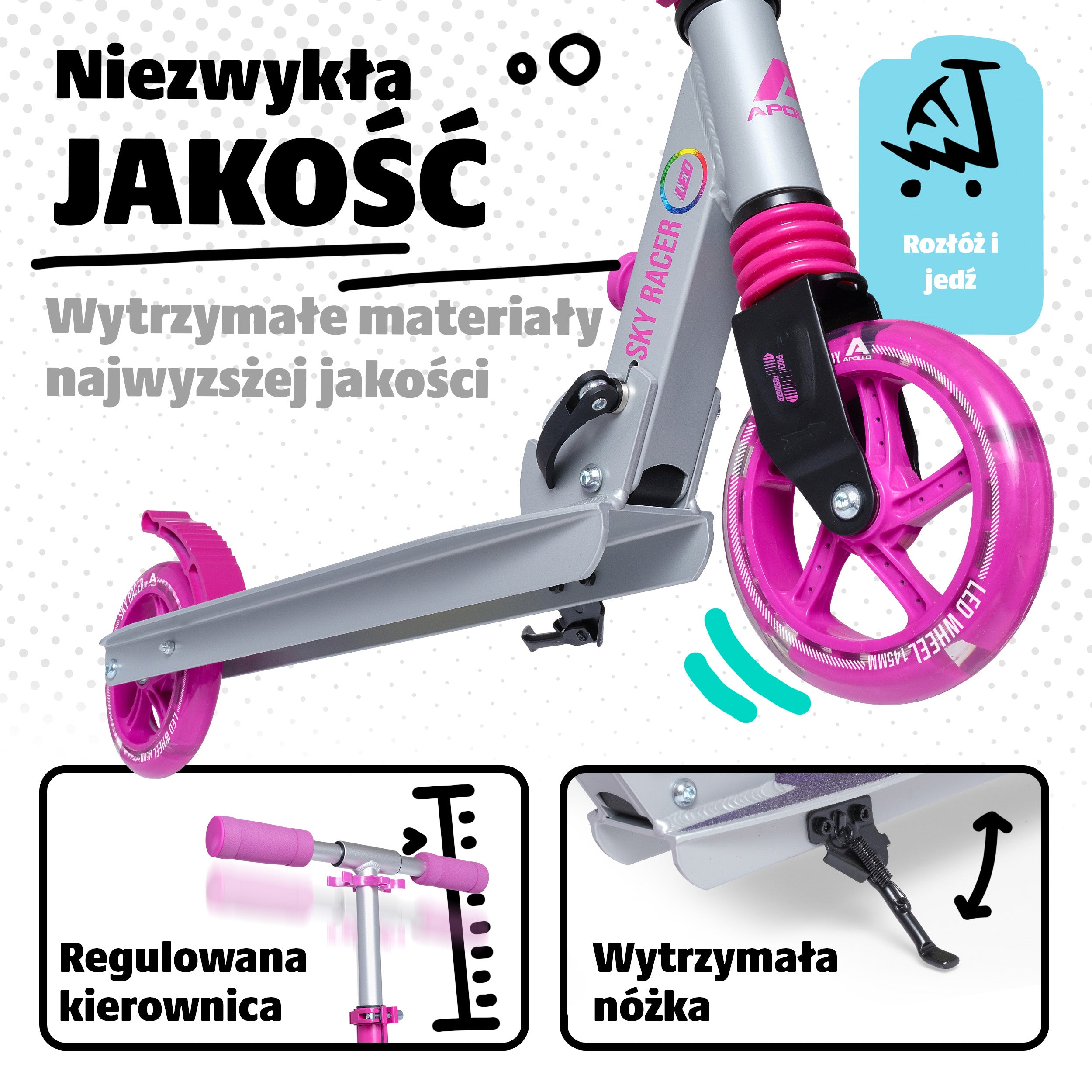 Apollo - Hulajnoga miejska z amortyzacją „Skyracer” składana, z regulowaną wysokością kierownicy koła 145mm - Starlight