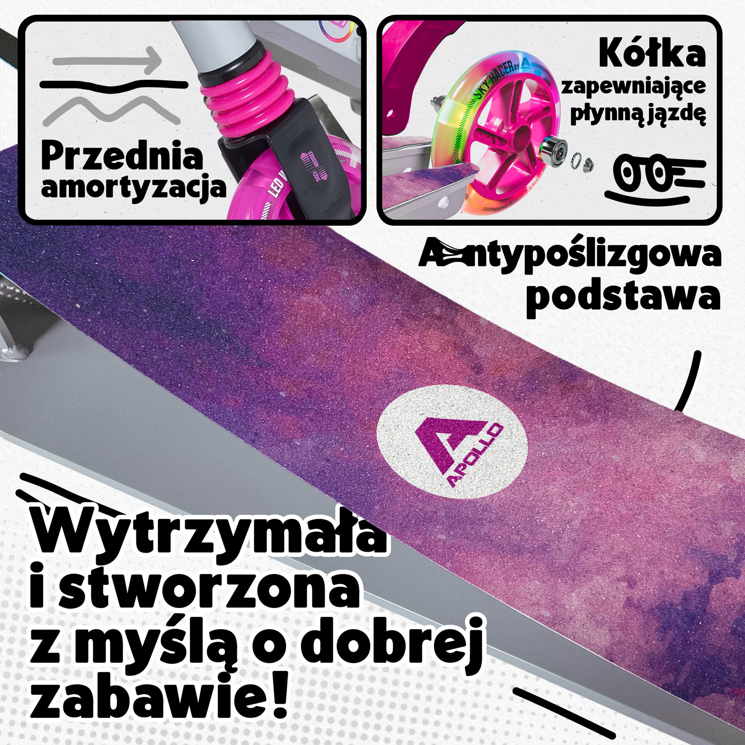 Apollo - Hulajnoga miejska z amortyzacją „Skyracer” składana, z regulowaną wysokością kierownicy koła 145mm - Starlight