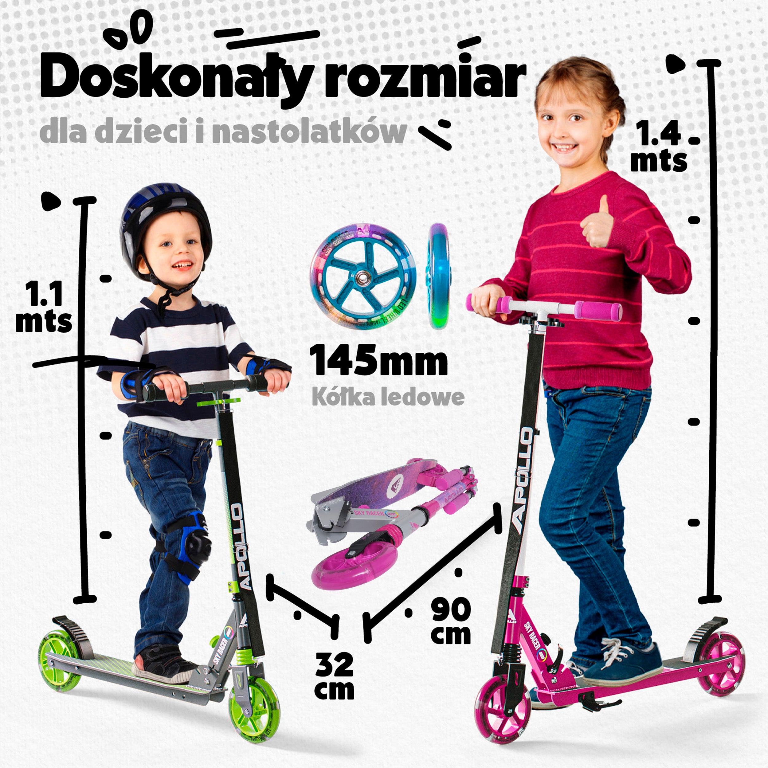 Apollo - Hulajnoga miejska z amortyzacją „Skyracer” składana, z regulowaną wysokością kierownicy koła 145mm - Starlight