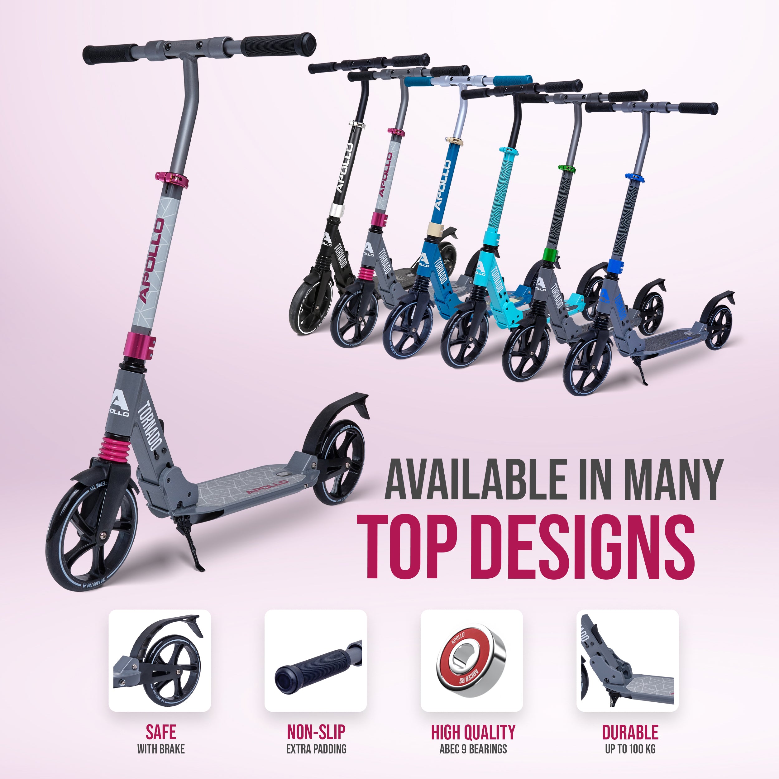 Apollo - High-end hulajnoga dla dorosłych – „Tornado 2.0” Cityroller dla dzieci od 7. roku życia - Szary Różowy