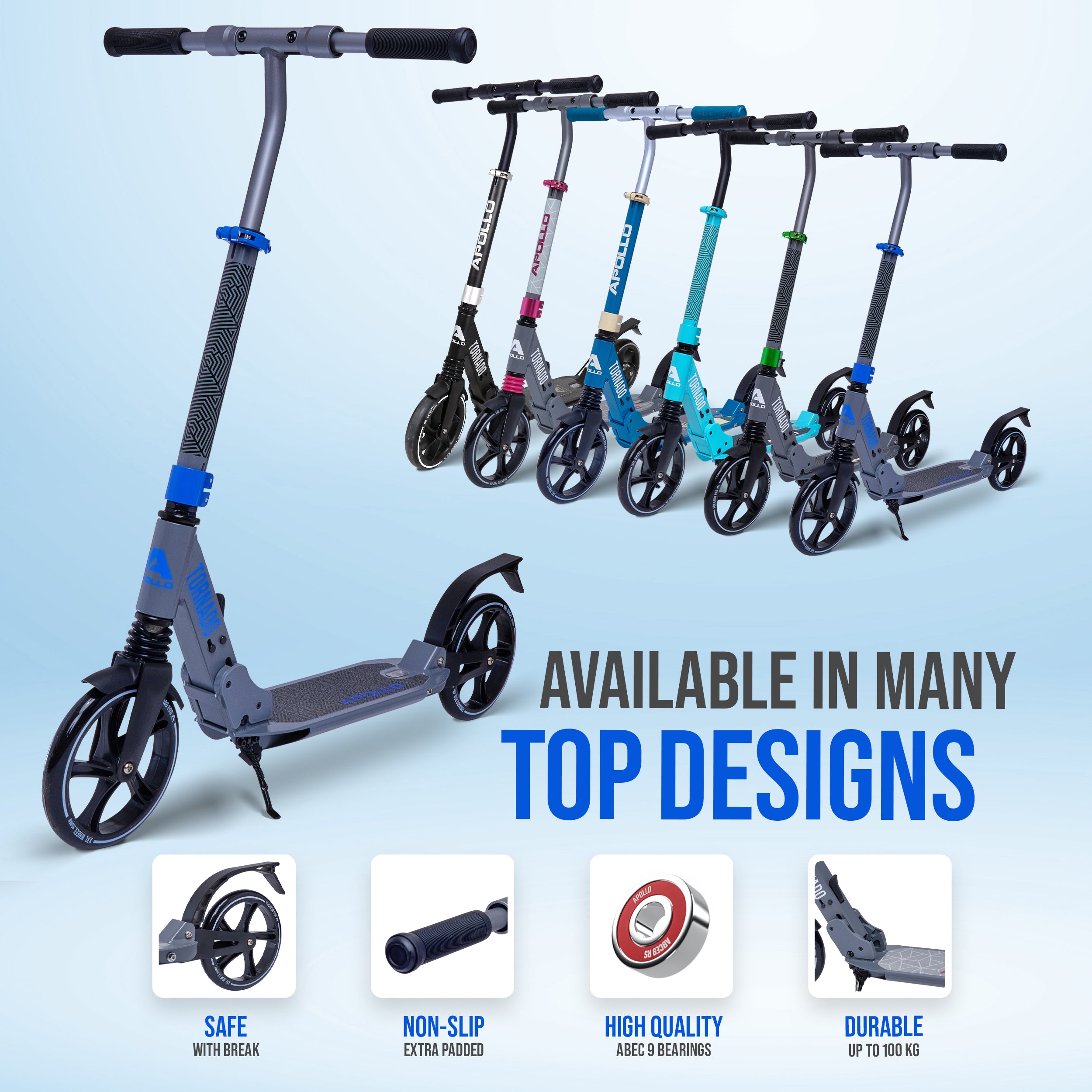 Apollo - High-end hulajnoga dla dorosłych – „Tornado 2.0” Cityroller dla dzieci od 7. roku życia - Szary Niebieski