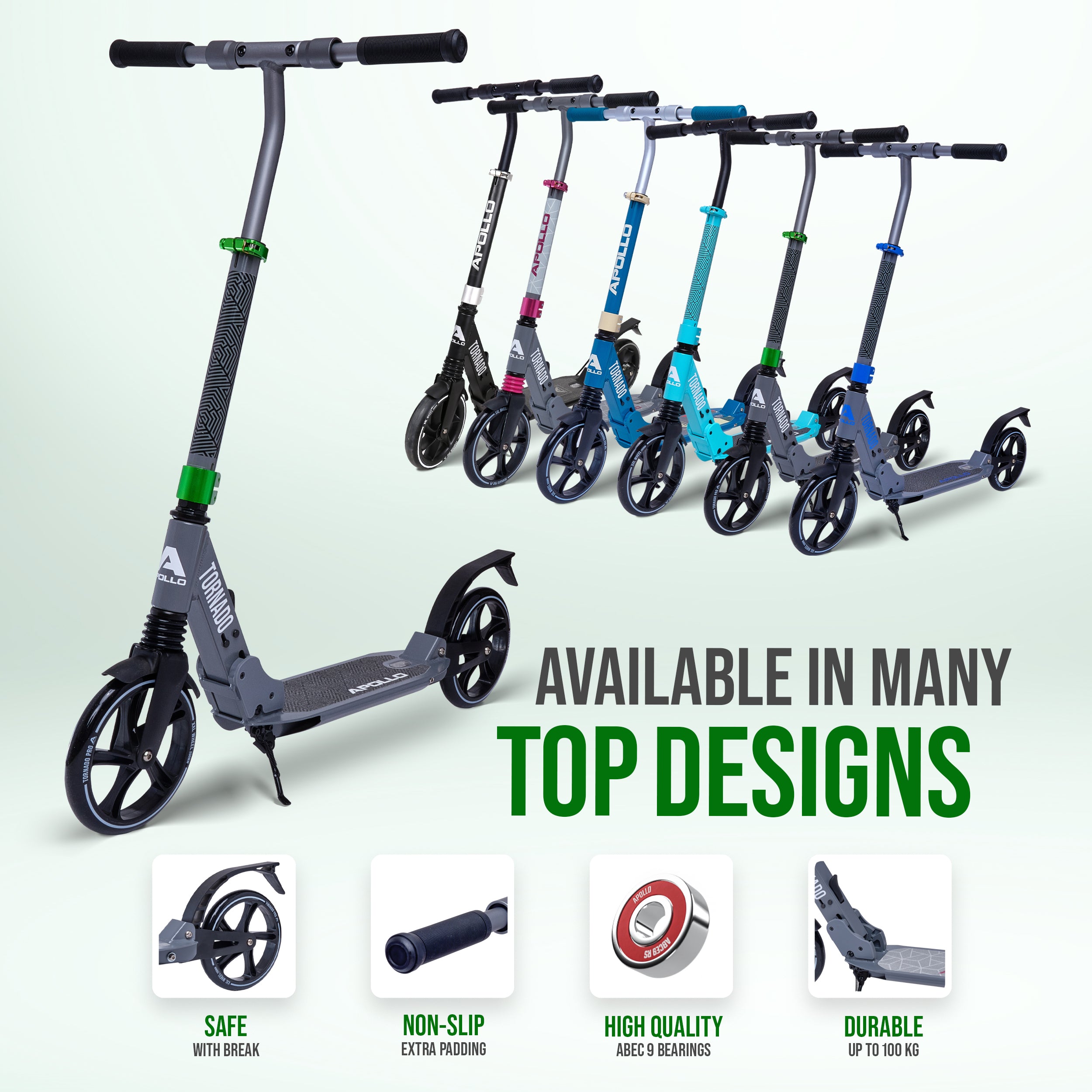 Apollo - High-end hulajnoga dla dorosłych – „Tornado 2.0” Cityroller dla dzieci od 7. roku życia - Szary Zielony