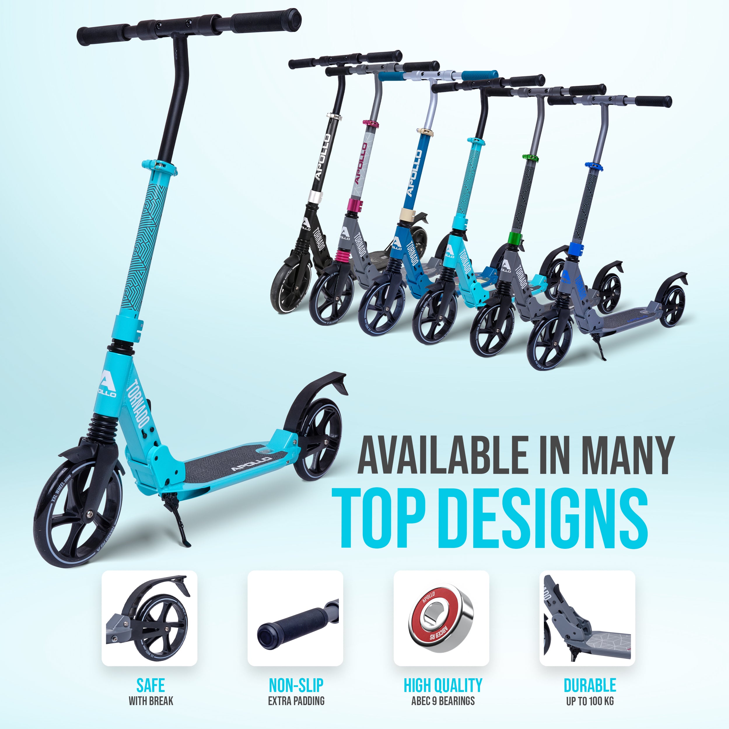 Apollo - High-end hulajnoga dla dorosłych – „Tornado 2.0” Cityroller dla dzieci od 7. roku życia - Jasnoturkusowy