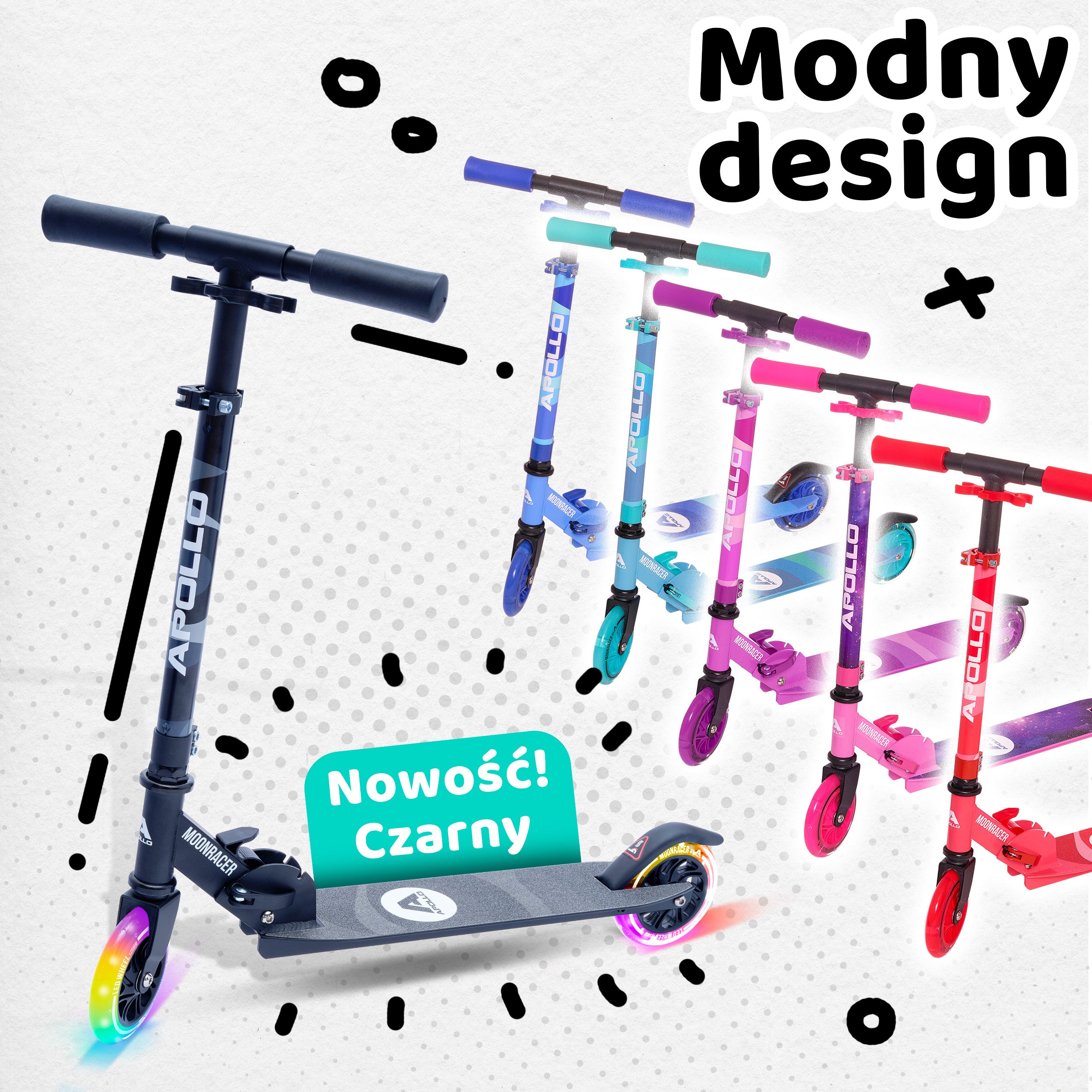 Apollo - Hulajnoga miejska„Moonracer” LED dla dzieci z amortyzacją - Czarny