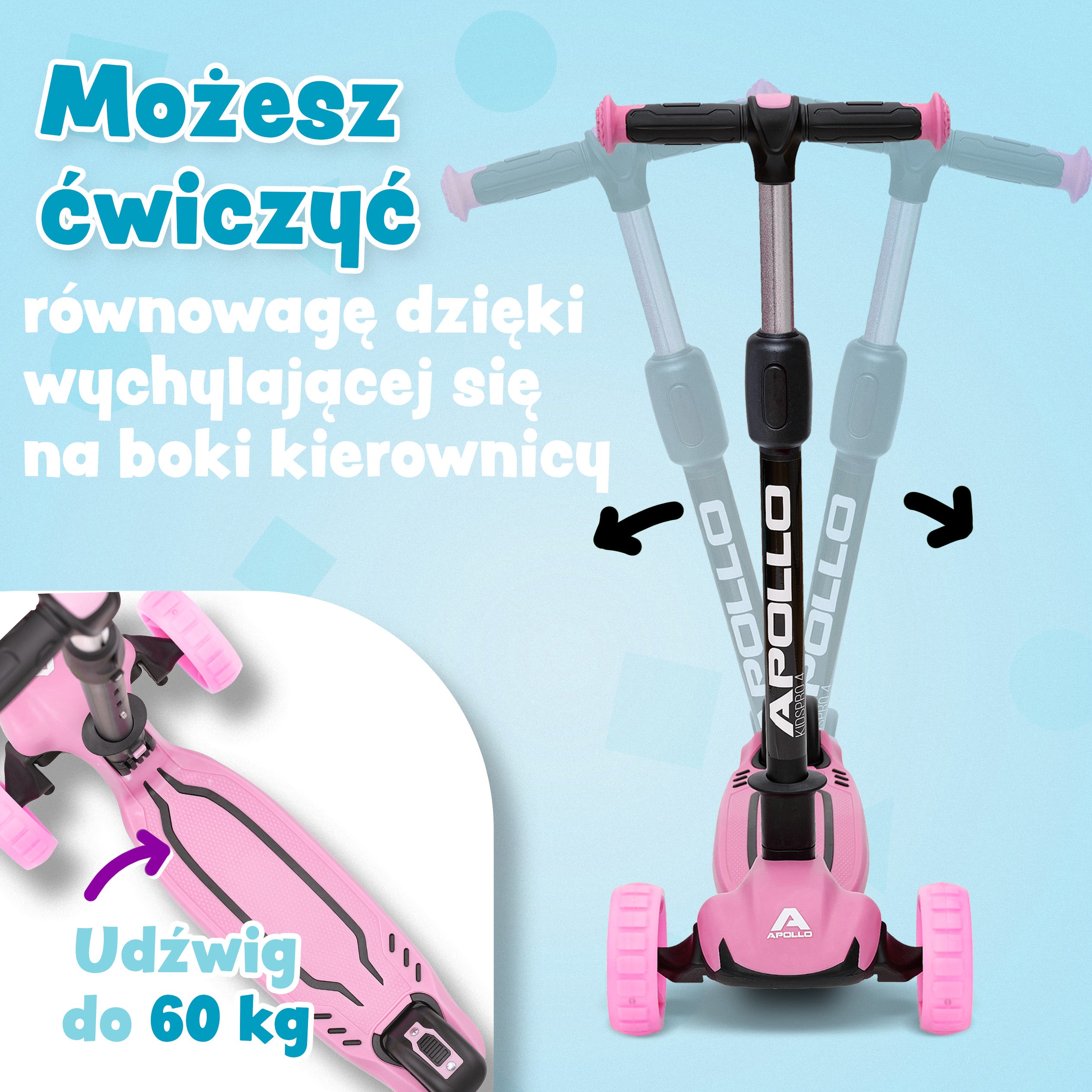 Apollo - Hulajnoga dla dzieci "KidsPro4" składana hulajnoga LED - Różowy