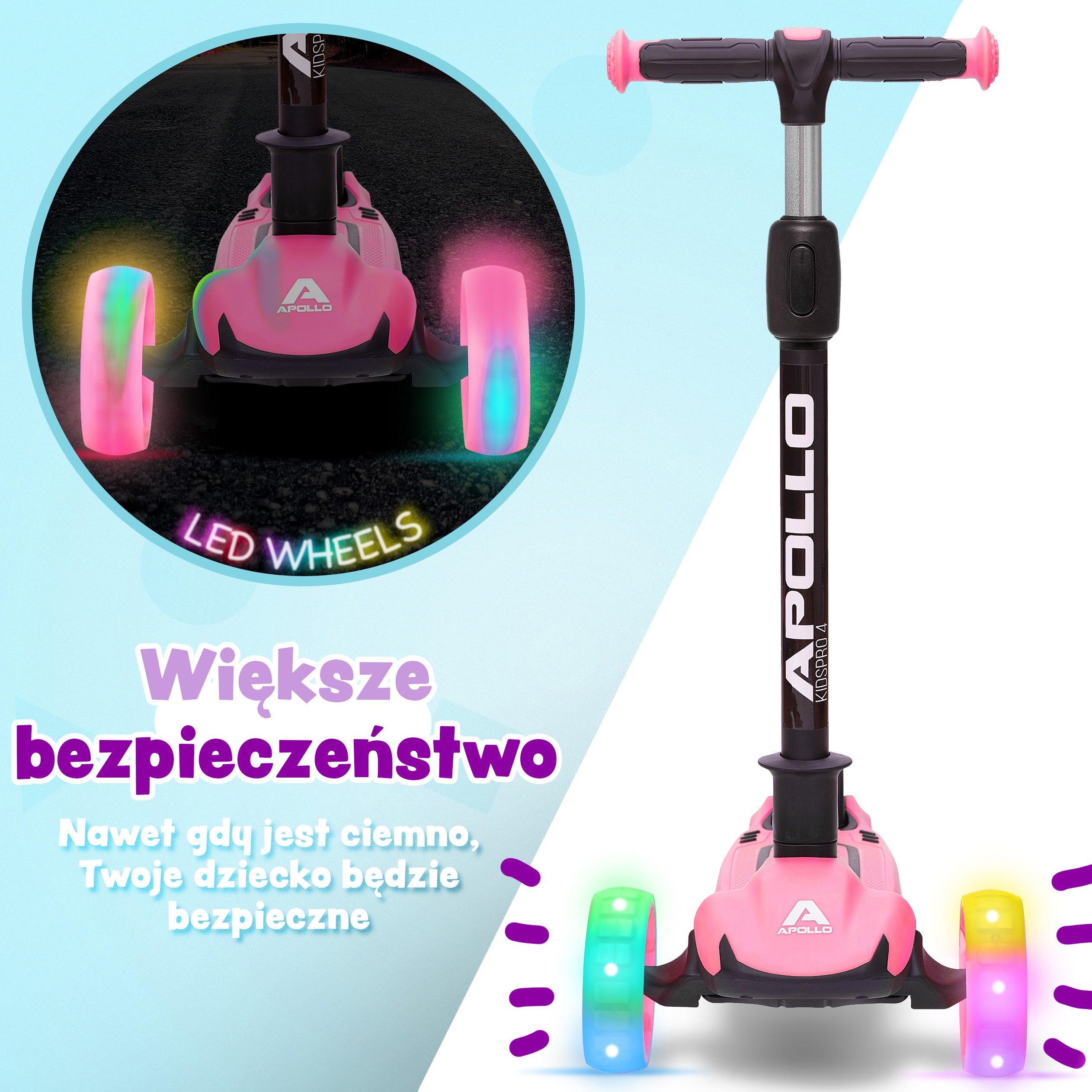 Apollo - Hulajnoga dla dzieci "KidsPro4" składana hulajnoga LED - Różowy