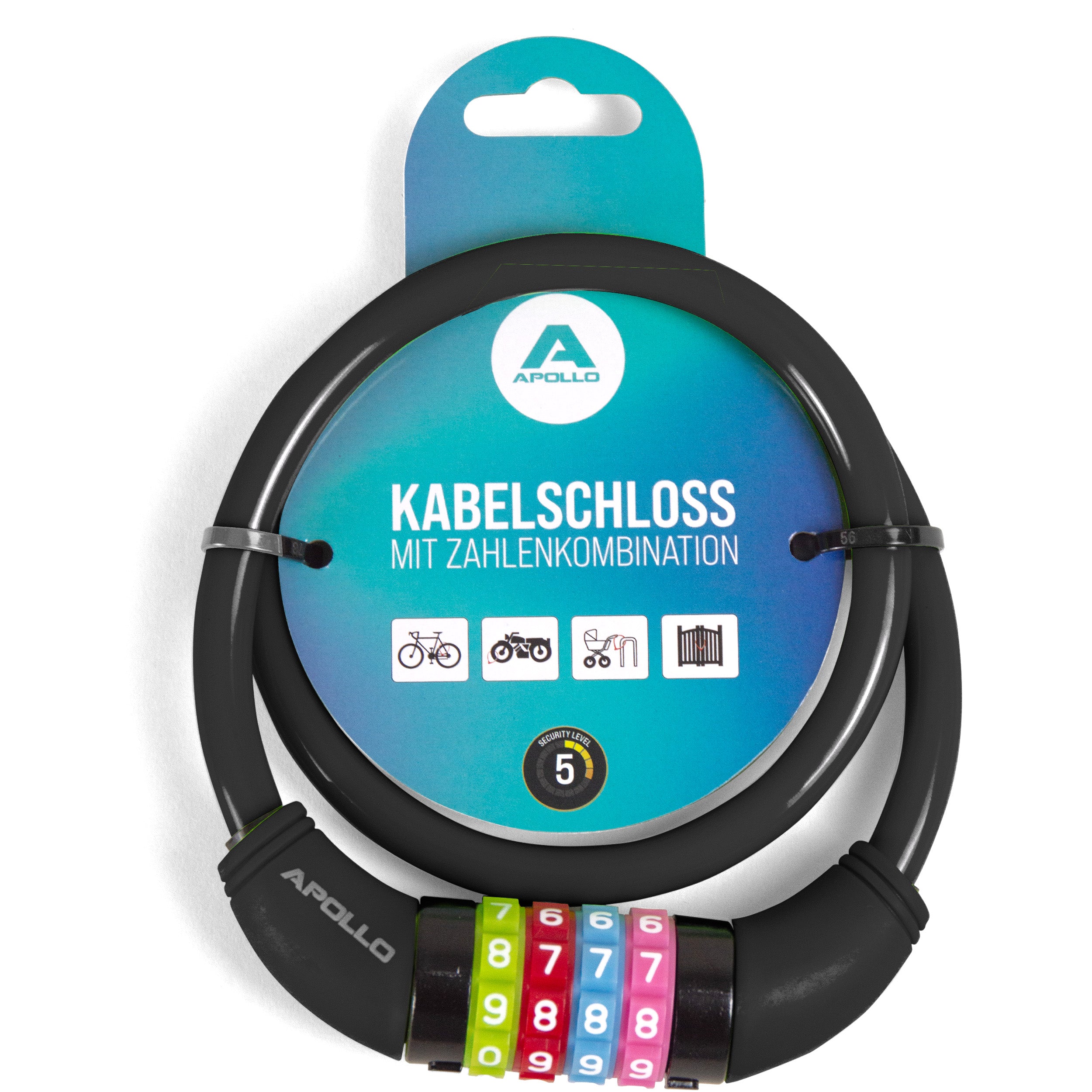 Apollo - Zapięcie rowerowe na kod dla dzieci, 10x650 mm, zamek na hulajnogę, zamek na szyfr - Czarny