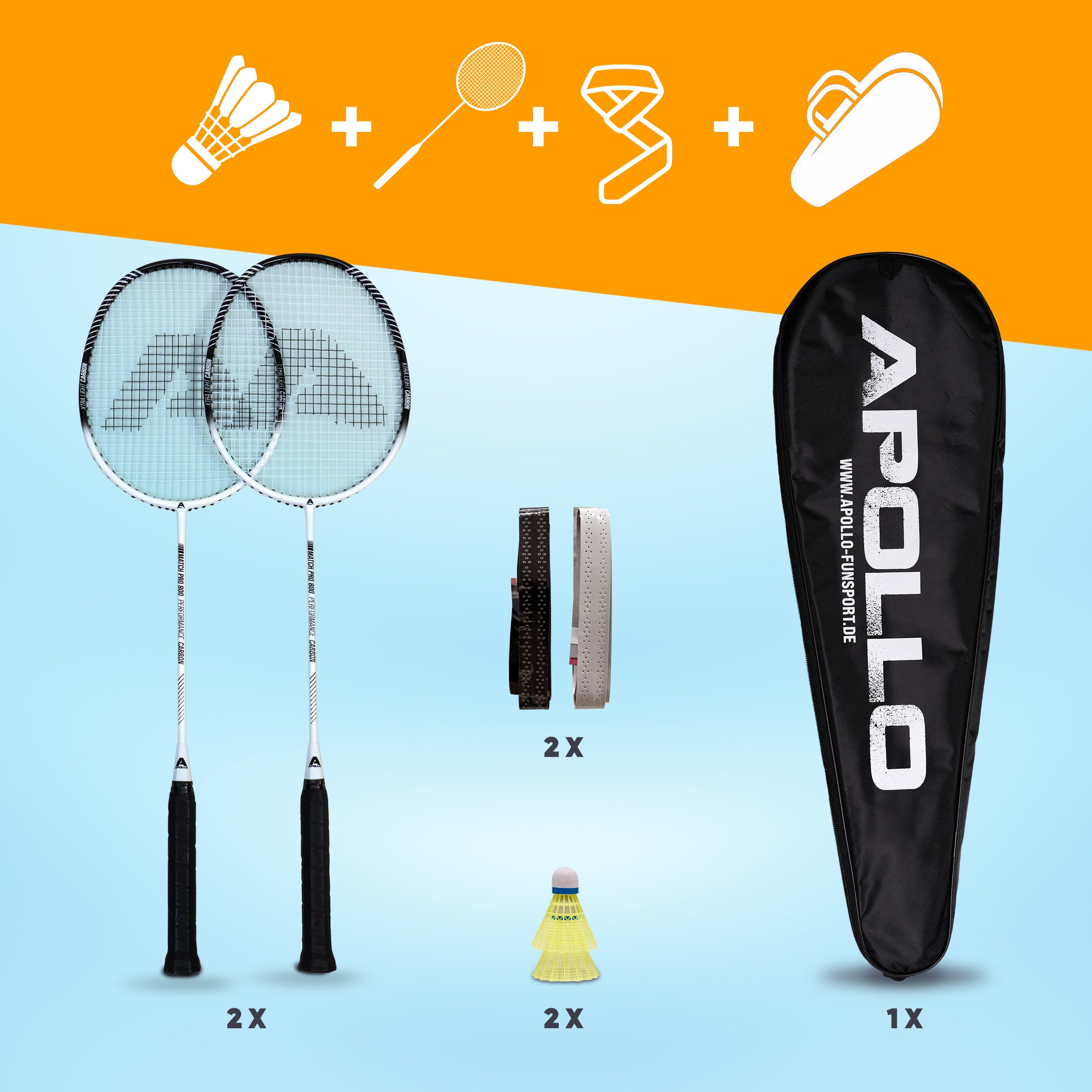 Apollo - Zestaw do badmintona Match Pro 800 – w zestawie: torba, 2 rakiety, lotki - Biały Czarny
