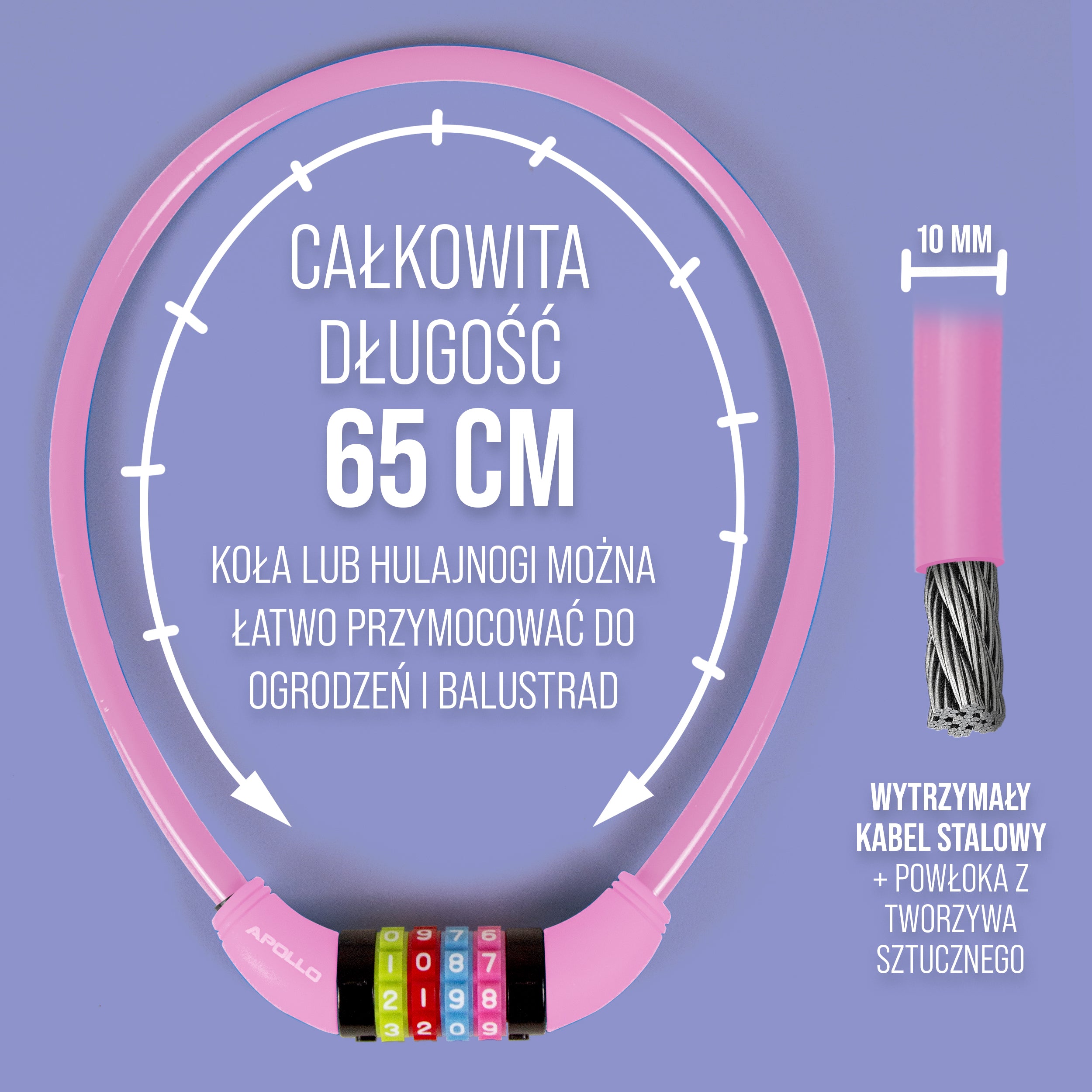 Apollo - Zapięcie rowerowe na kod dla dzieci, 10x650 mm, zamek na hulajnogę, zamek na szyfr - Różowy