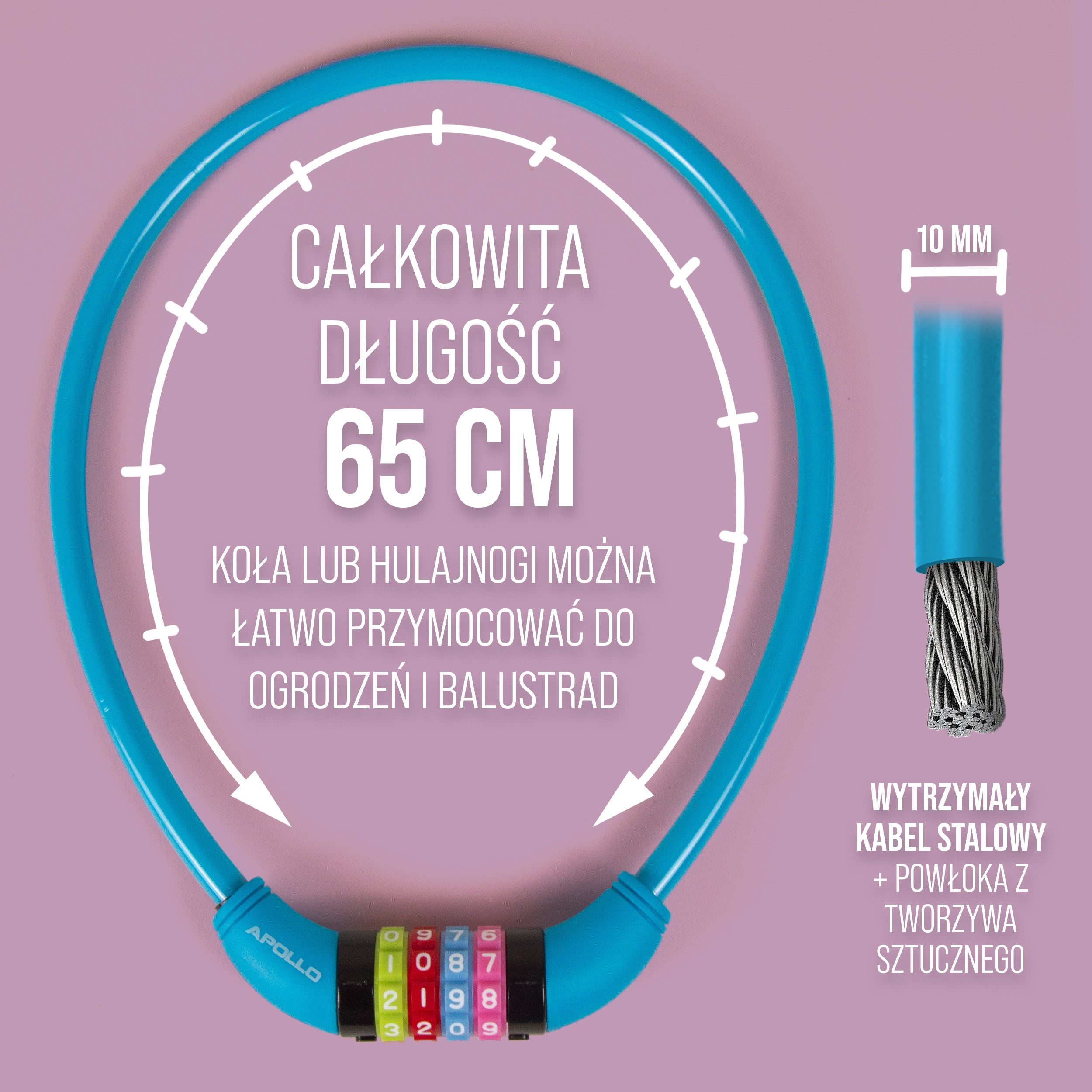 Apollo - Zapięcie rowerowe na kod dla dzieci, 10x650 mm, zamek na hulajnogę, zamek na szyfr - Niebieski