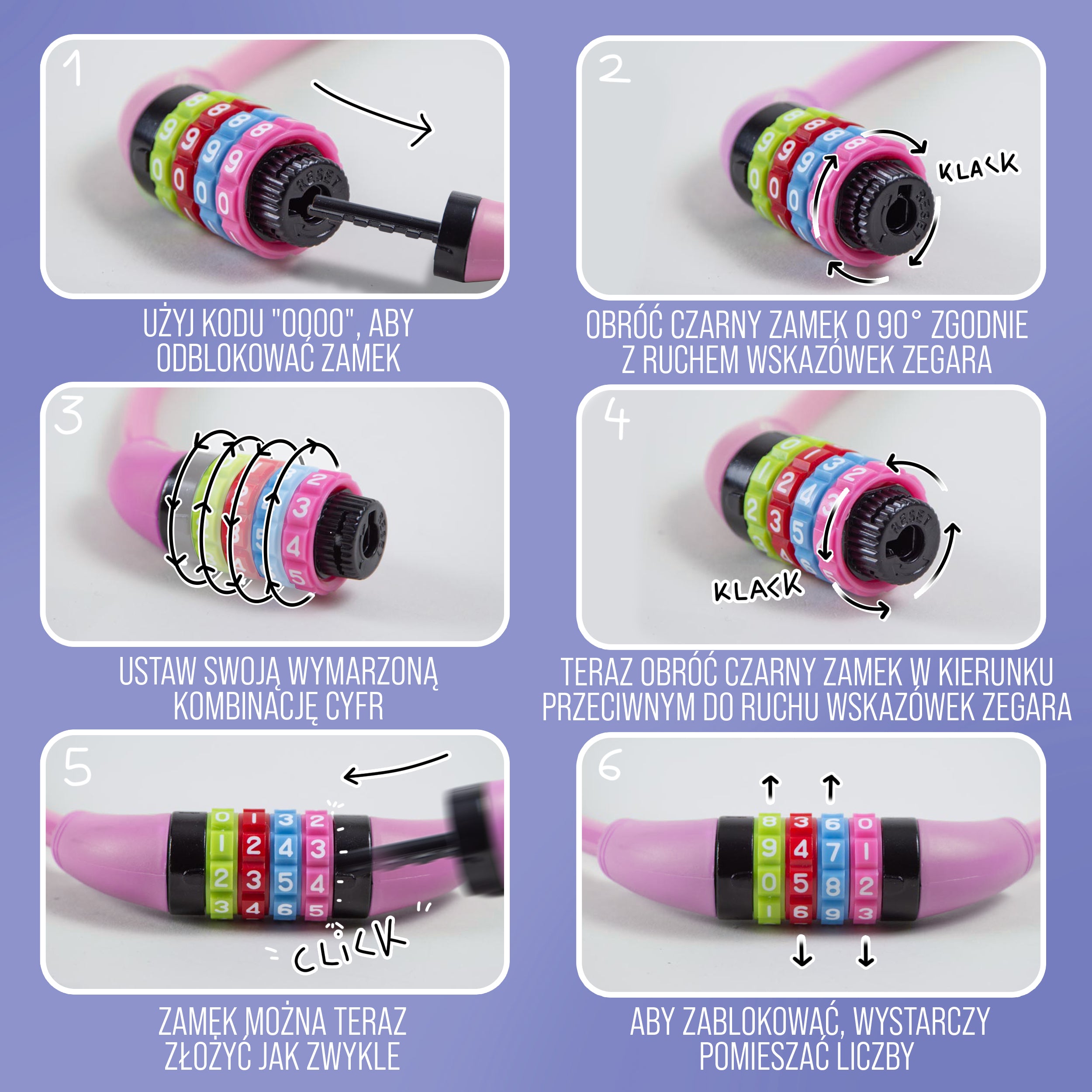 Apollo - Zapięcie rowerowe na kod dla dzieci, 10x650 mm, zamek na hulajnogę, zamek na szyfr - Różowy