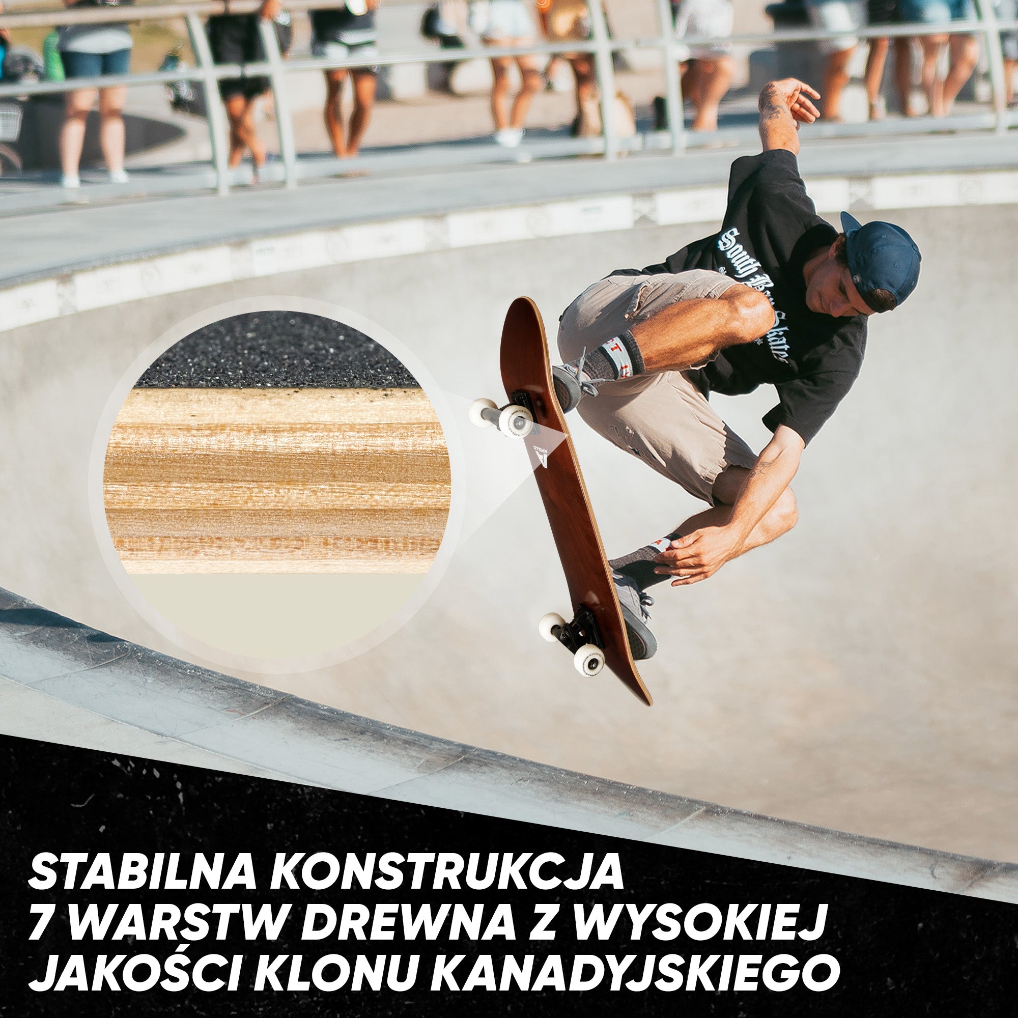 Apollo - Skateboard - "Plain Wood" - 7-warstwowa drewniana deska kompletna z łożyskami ABEC 7 - Wood