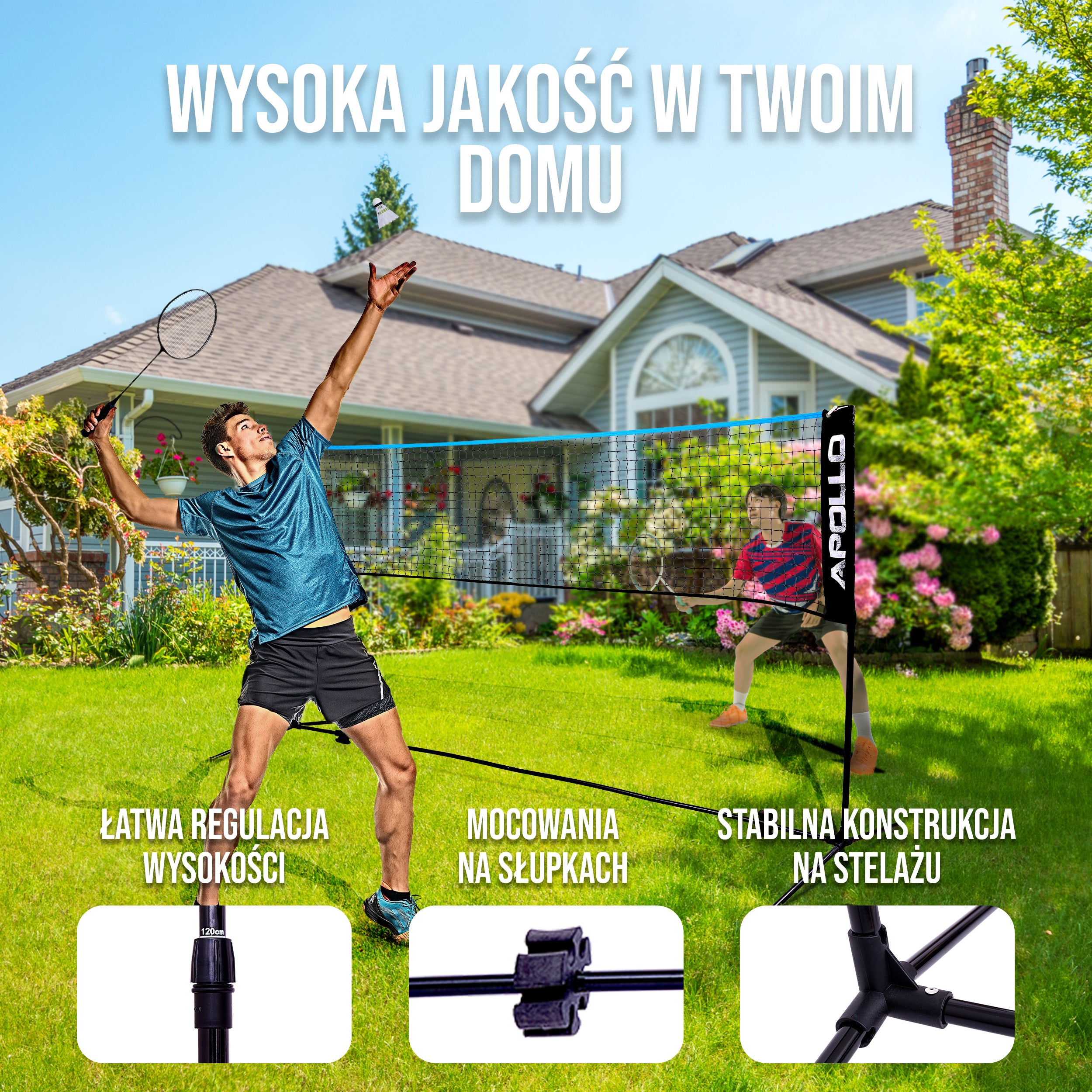 Apollo - Siatka do badmintona - siatka do siatkówki, regulowana wysokość, różne szerokości - Niebieski