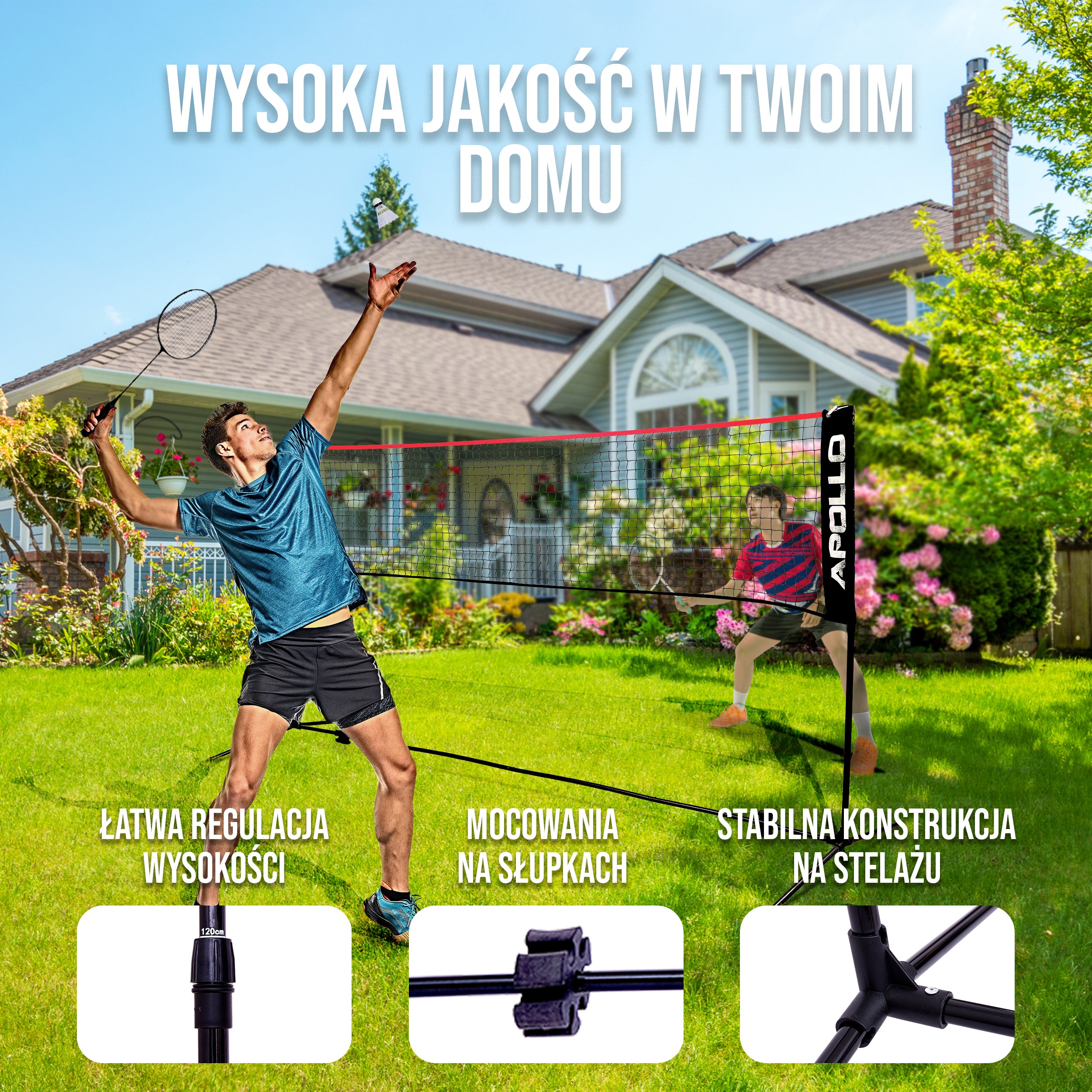 Apollo - Siatka do badmintona - siatka do siatkówki, regulowana wysokość, różne szerokości - Czerwony
