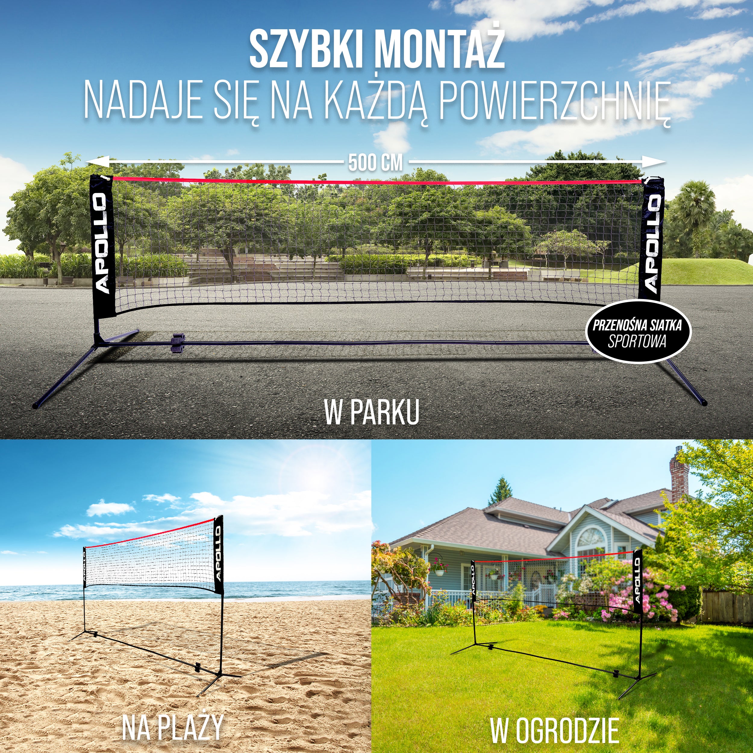 Apollo - Siatka do badmintona - siatka do siatkówki, regulowana wysokość, różne szerokości - Czerwony