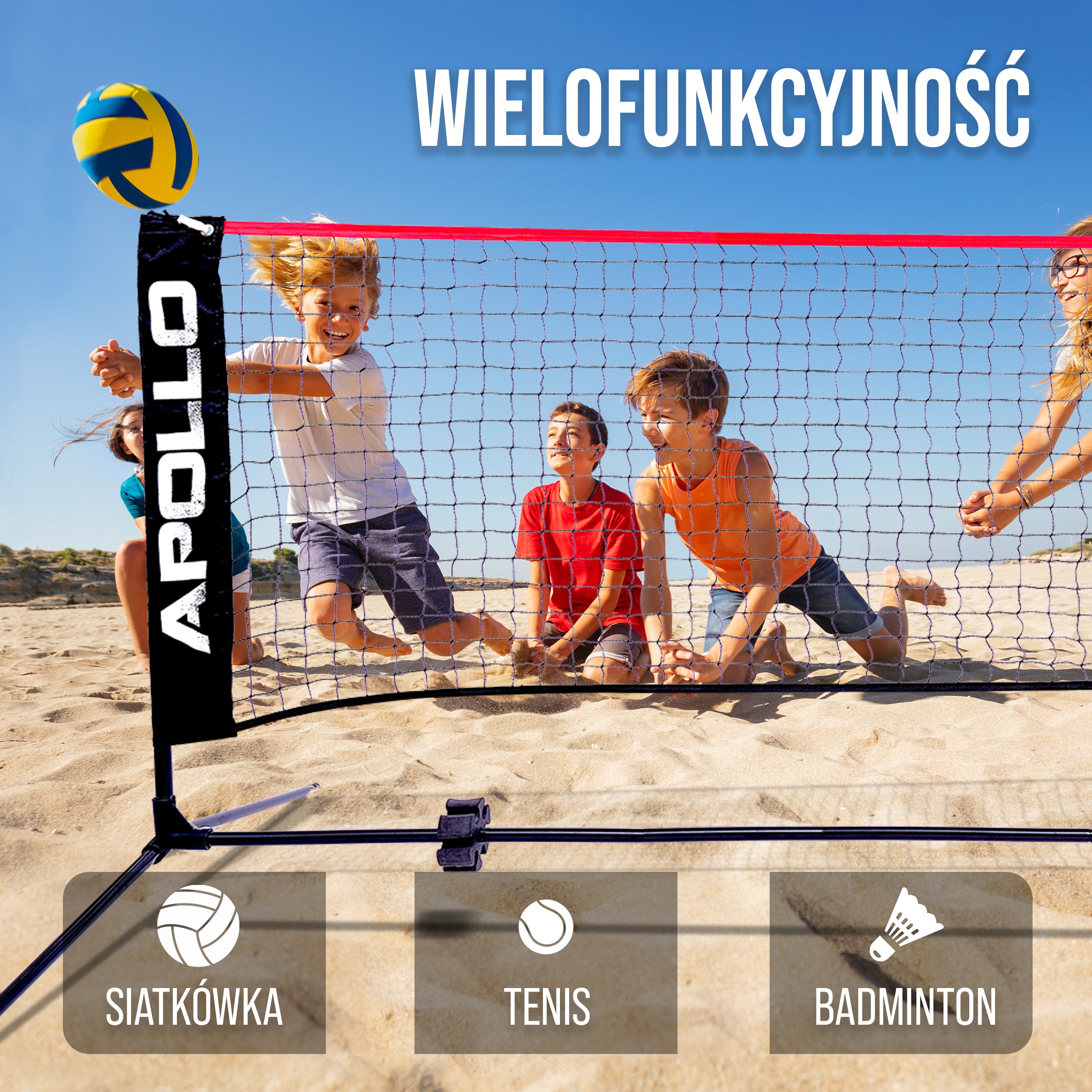 Apollo - Siatka do badmintona - siatka do siatkówki, regulowana wysokość, różne szerokości - Czerwony