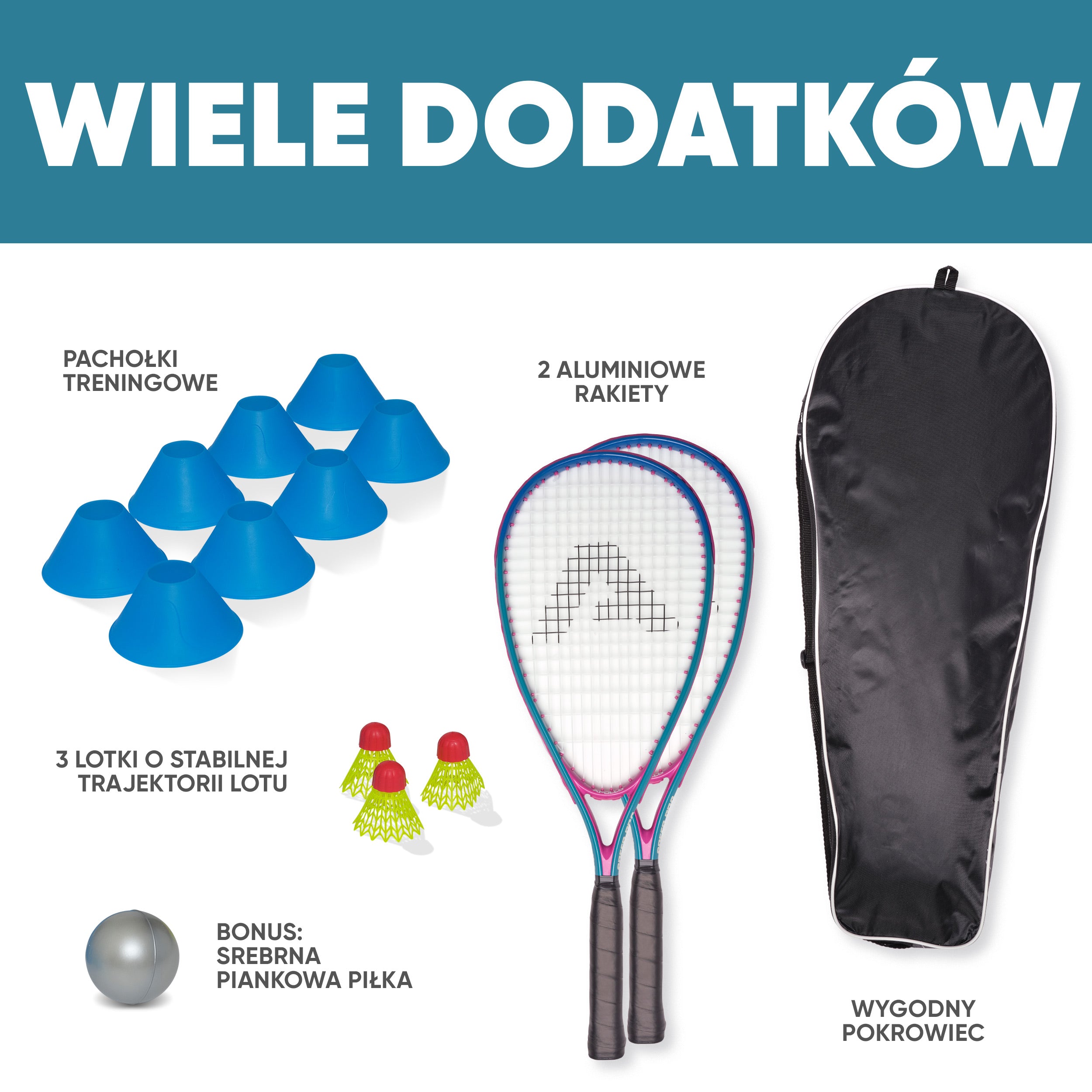 Apollo - Zestaw do speed badmintona - w tym torba, 2 rakiety, lotki - Niebieski Różowy