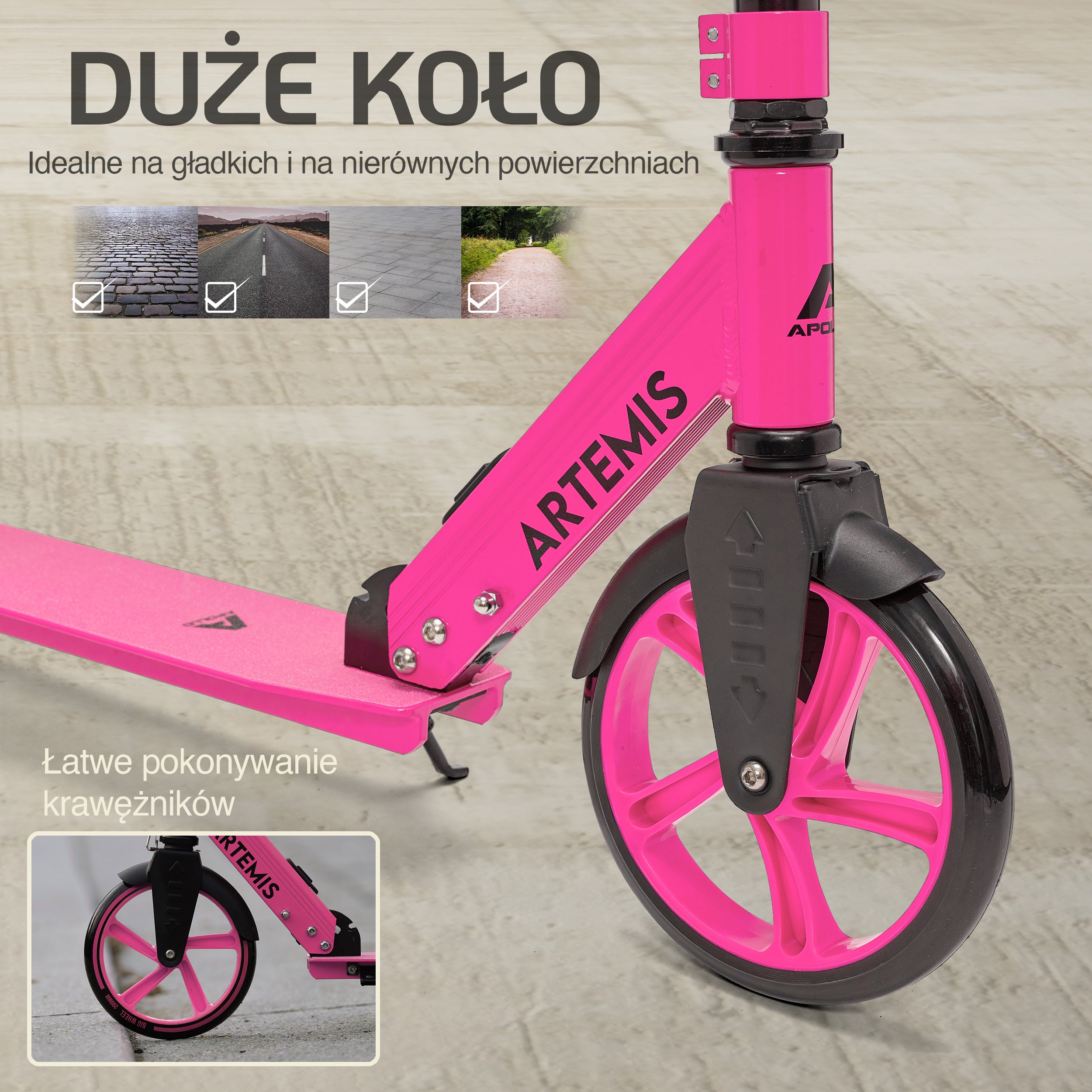Apollo - Składana hulajnoga miejska „Artemis” z regulowaną wysokością kierownicy dla dzieci i młodzieży - Różowy