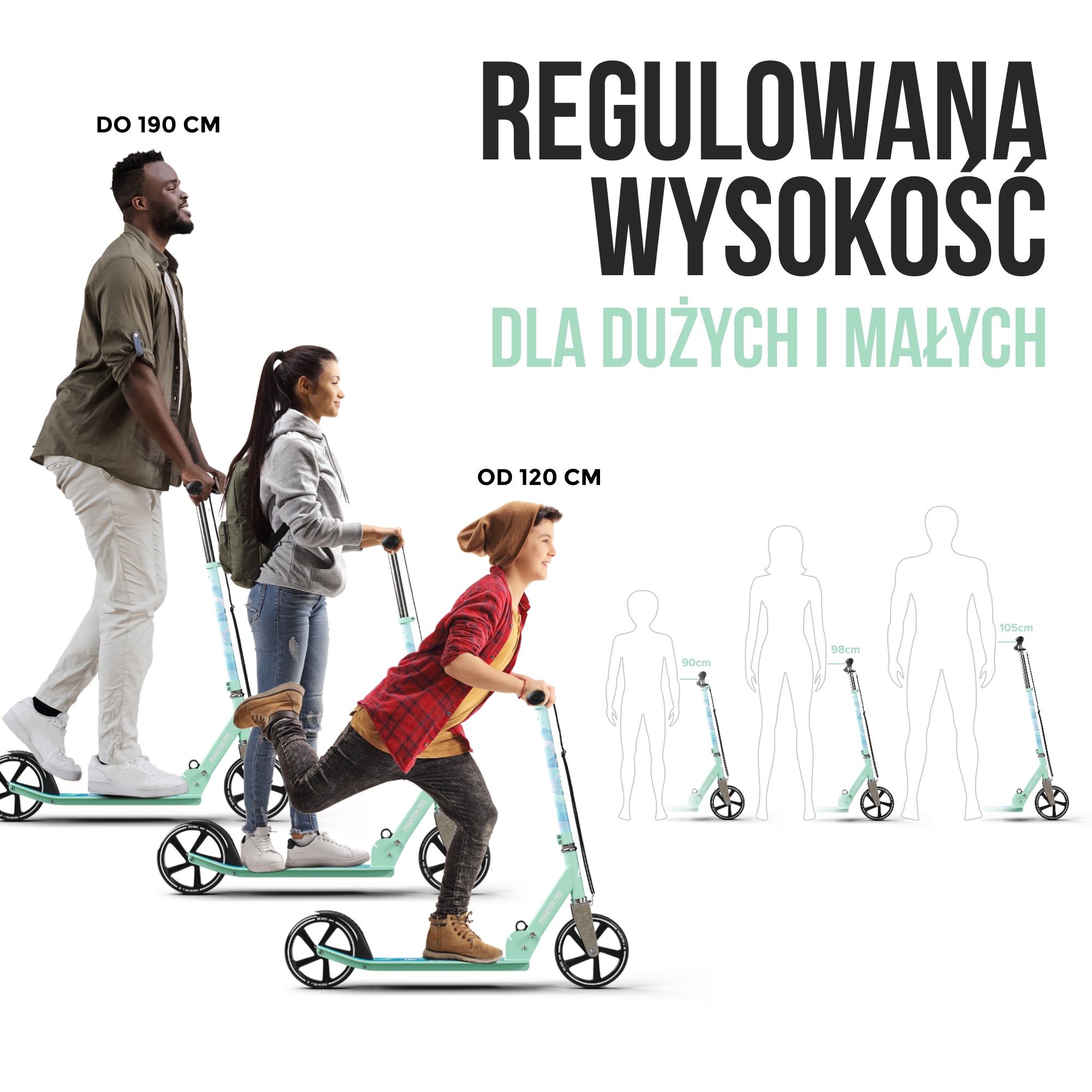 Apollo - Składana hulajnoga miejska dla dzieci „Phantom" – regulowana wysokość kierownicy - Akwarela
