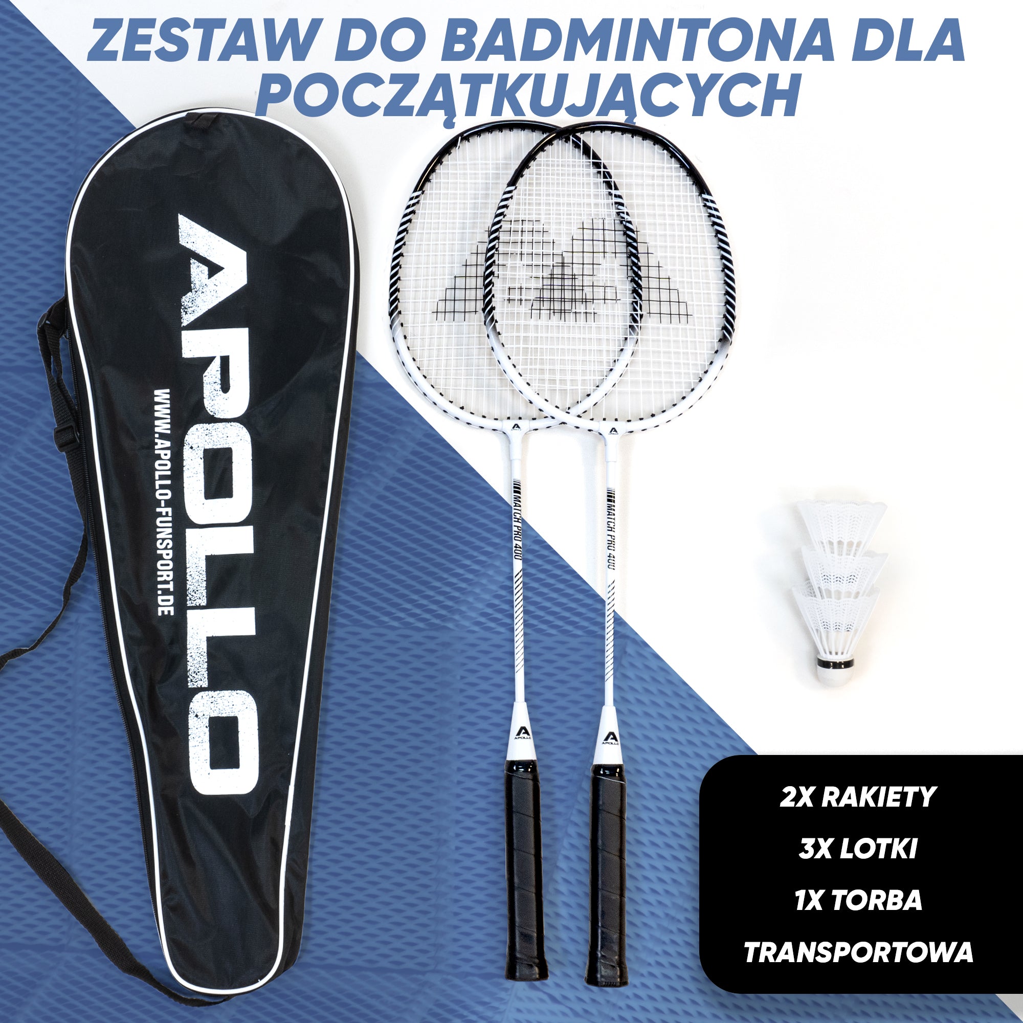 Apollo Funsport PL - Badminton Set Match Pro 400 - Rakieta do badmintona dla dzieci i dorosłych - Biały Czarny