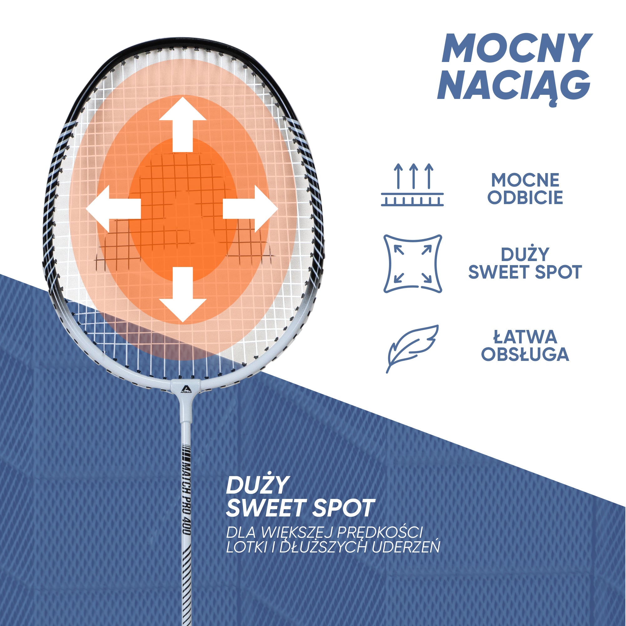 Apollo Funsport PL - Badminton Set Match Pro 400 - Rakieta do badmintona dla dzieci i dorosłych - Biały Czarny