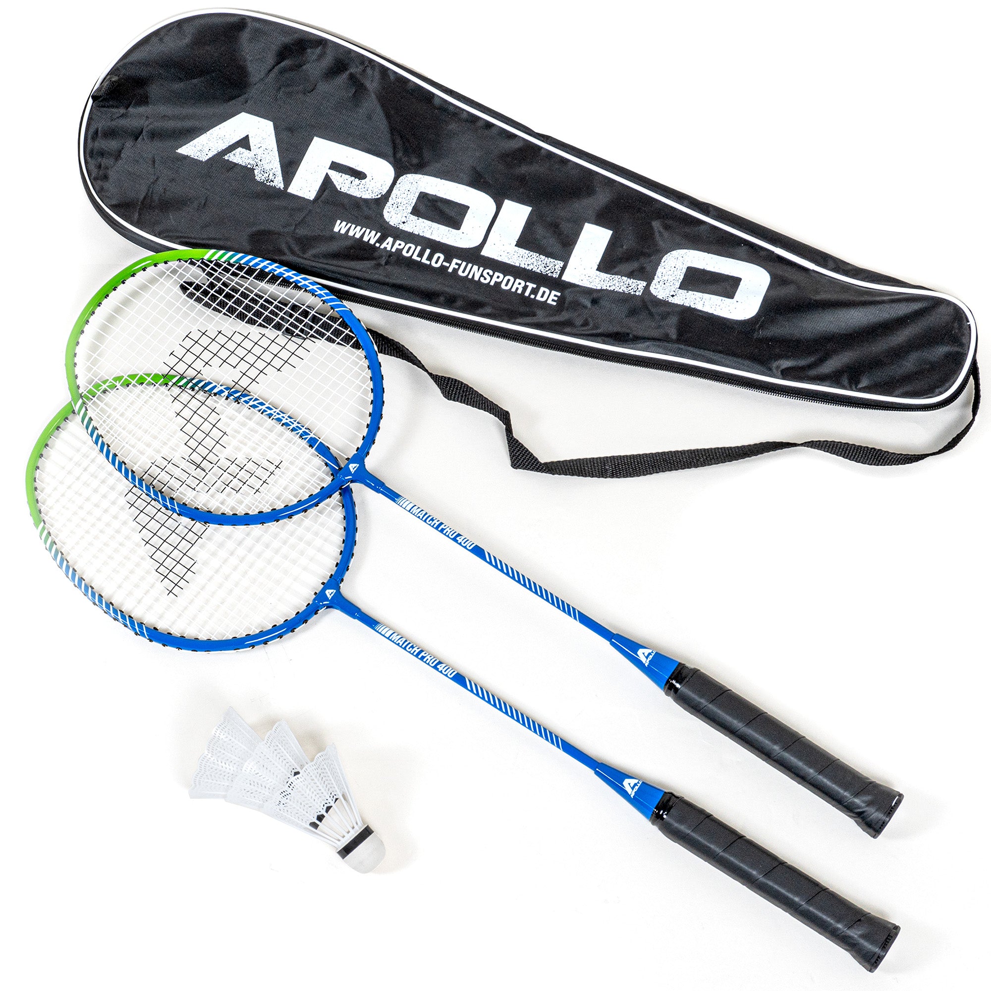 Apollo Funsport PL - Badminton Set Match Pro 400 - Rakieta do badmintona dla dzieci i dorosłych - Niebieski Zielony