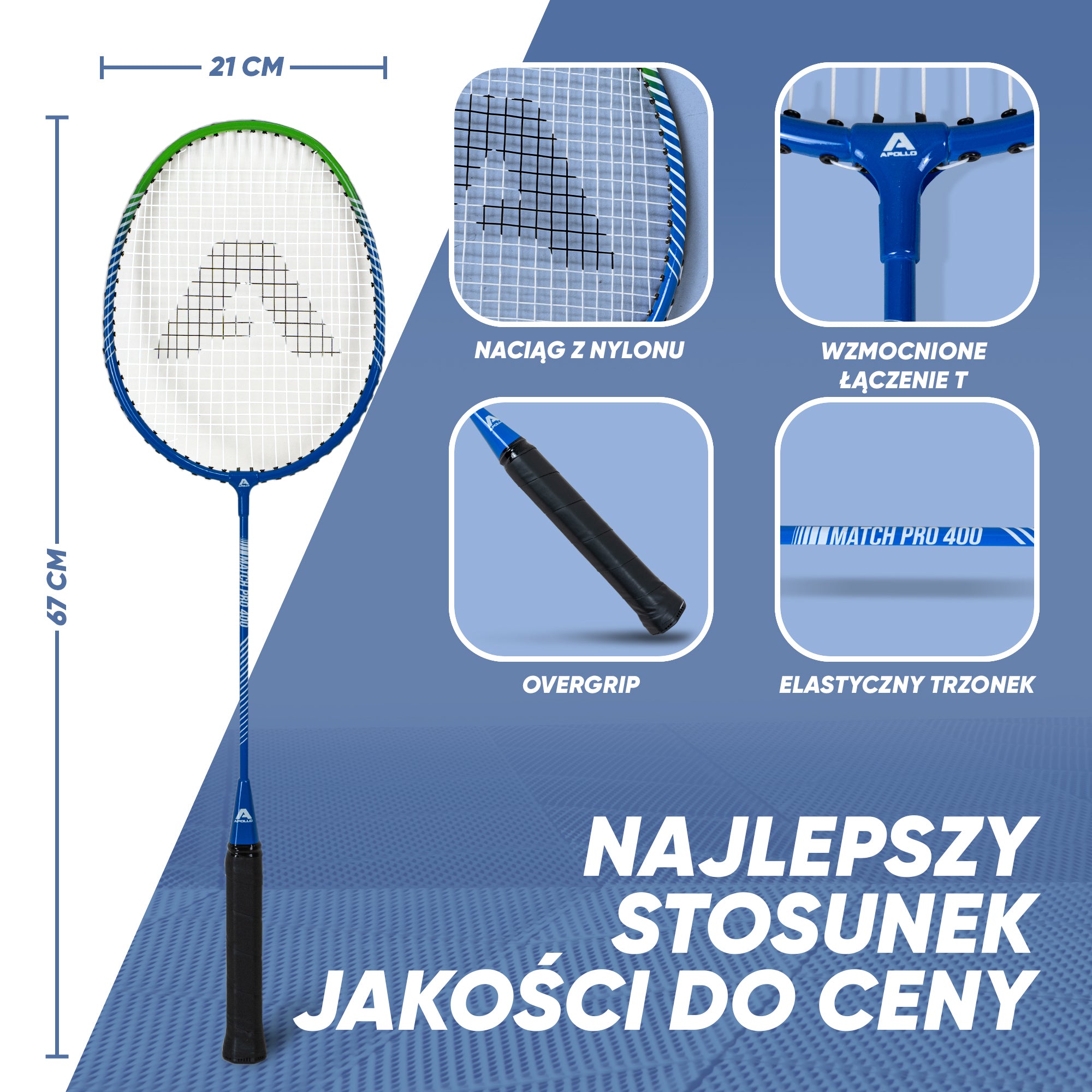 Apollo Funsport PL - Badminton Set Match Pro 400 - Rakieta do badmintona dla dzieci i dorosłych - Niebieski Zielony