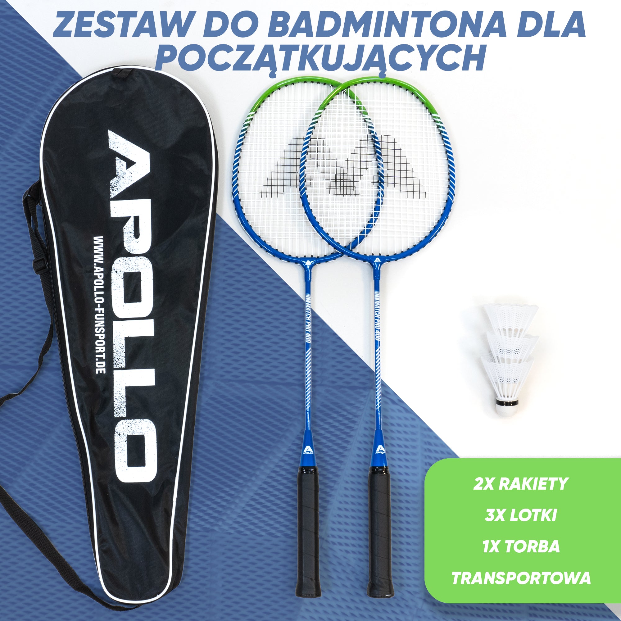 Apollo Funsport PL - Badminton Set Match Pro 400 - Rakieta do badmintona dla dzieci i dorosłych - Niebieski Zielony